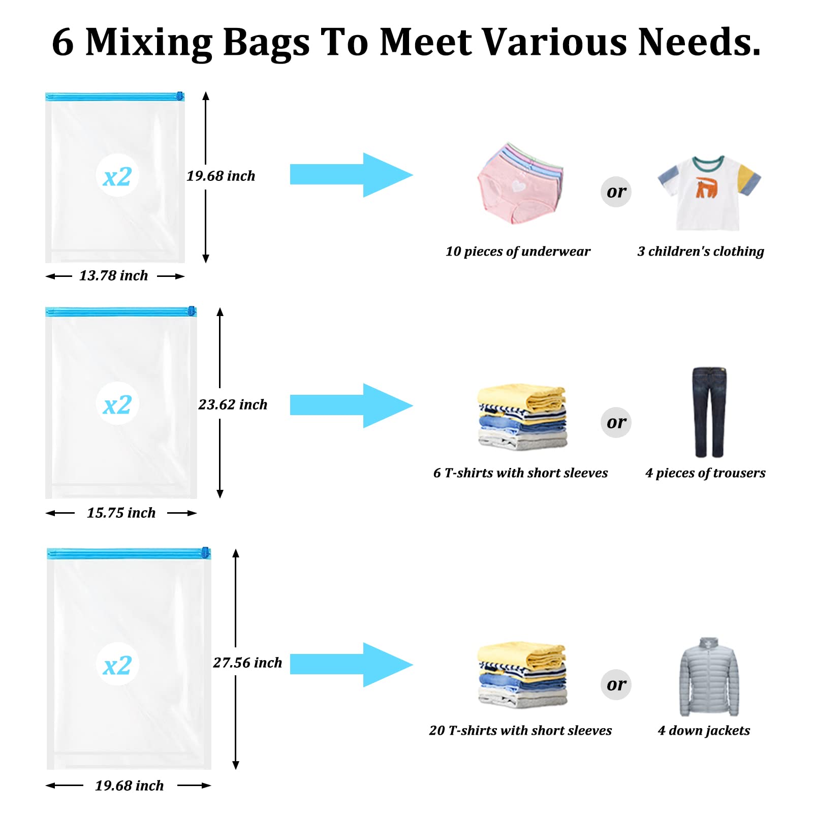 Andiker 6-Pack Vacuum Storage Bags - Space Saving Compression Bags for Travel, Clothes & Seasonal Storage | Transparent, Eco-Friendly & Airtight | Save 80% Space - Perfect for Suitcases, Closets & Moving
