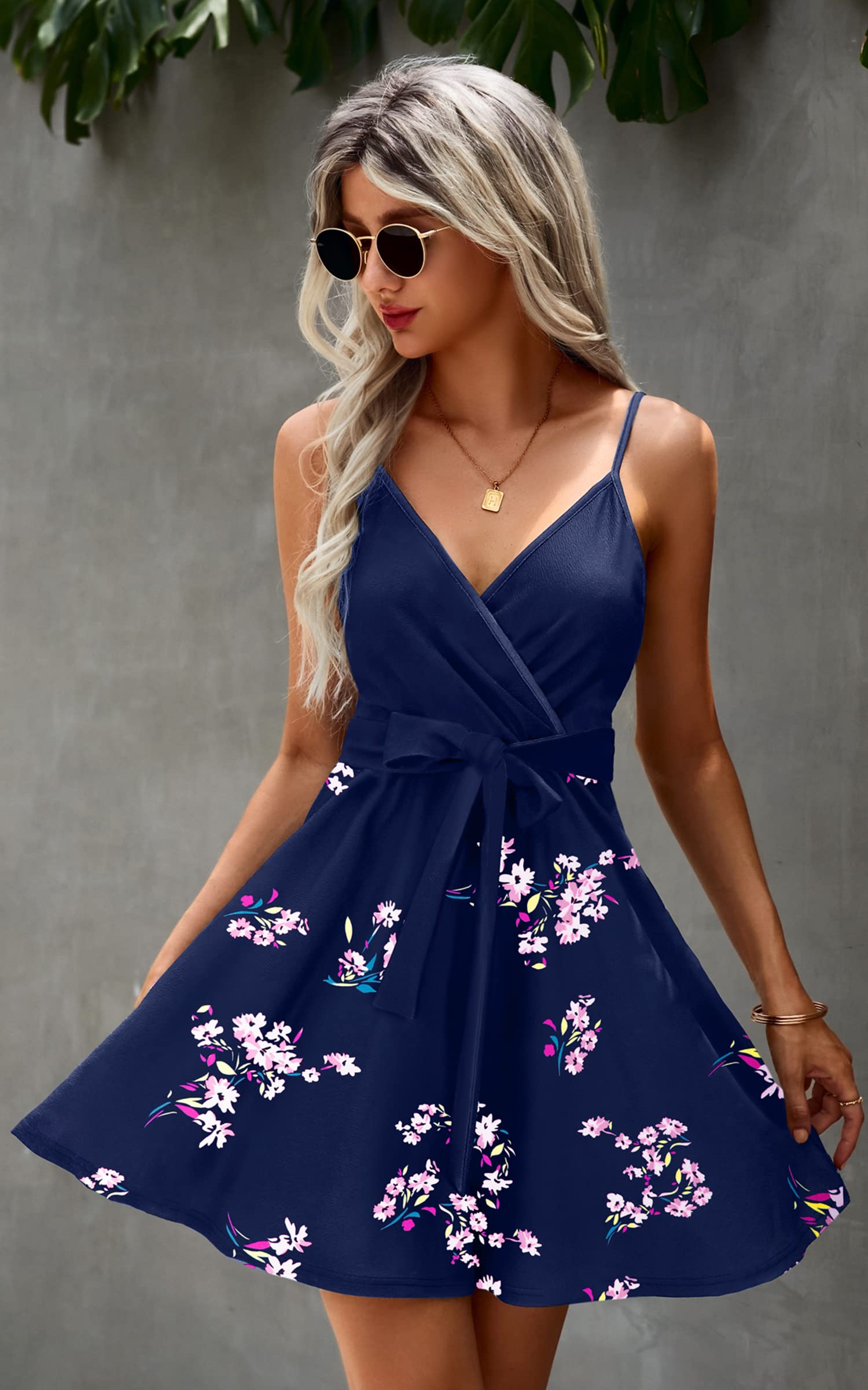 ECOWISH Women's Summer Dress 2025 - V-Neck Spaghetti Strap Lace Mini Dress with Bowknot Backless Design | Perfect for Beach Vacations, Date Nights & Summer Parties