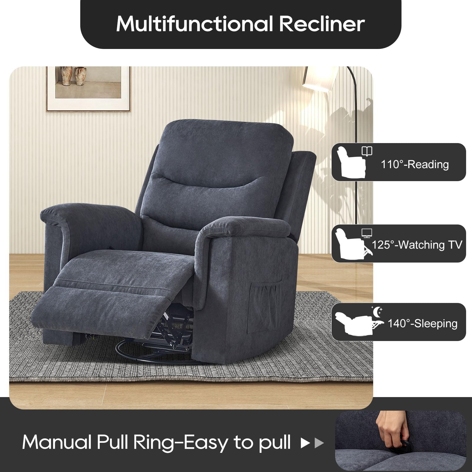 360° Swivel Rocking Recliner Chair with Side Pocket - Comfortable Rocker Recliner for Adults, Nursery, Bedroom & Living Room - Perfect for Relaxing, Nursing, and Watching TV