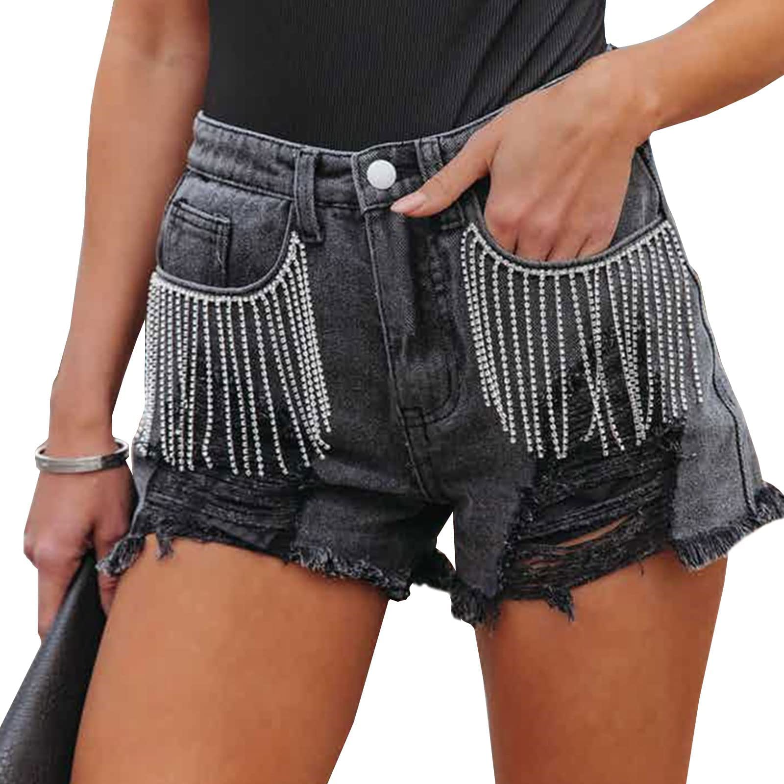LifeShe Women's High Waist Denim Shorts with Frayed Hem & Rhinestone Tassels - Trendy Distressed Ripped Jeans for Summer Outfits, Beach Vacations and Casual Street Style