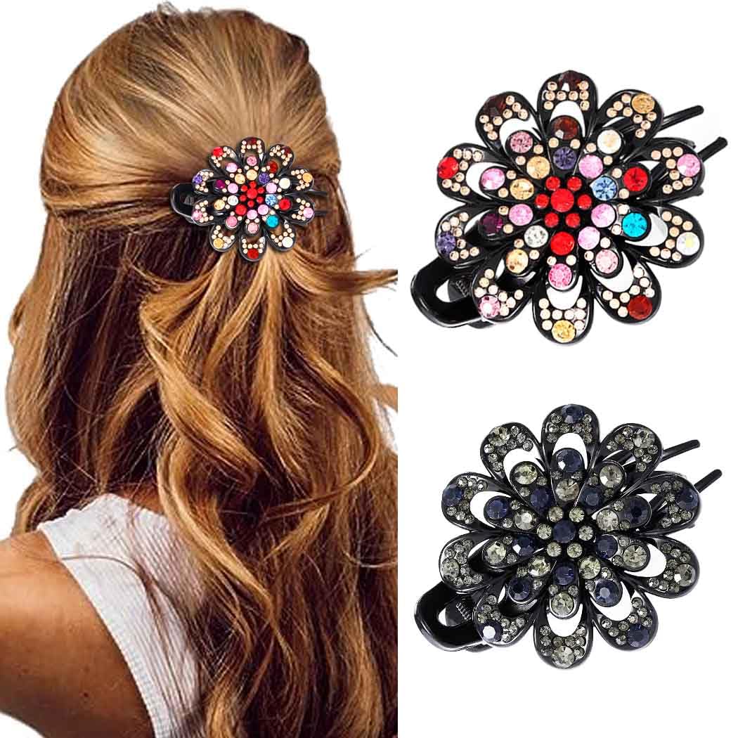 Bartosi Rhinestone Hair Clips for Women - Crystal Hair Barrettes, Flower Hair Pins - Elegant Hair Accessories (Pack of 2) - Perfect for Weddings, Parties & Daily Styling