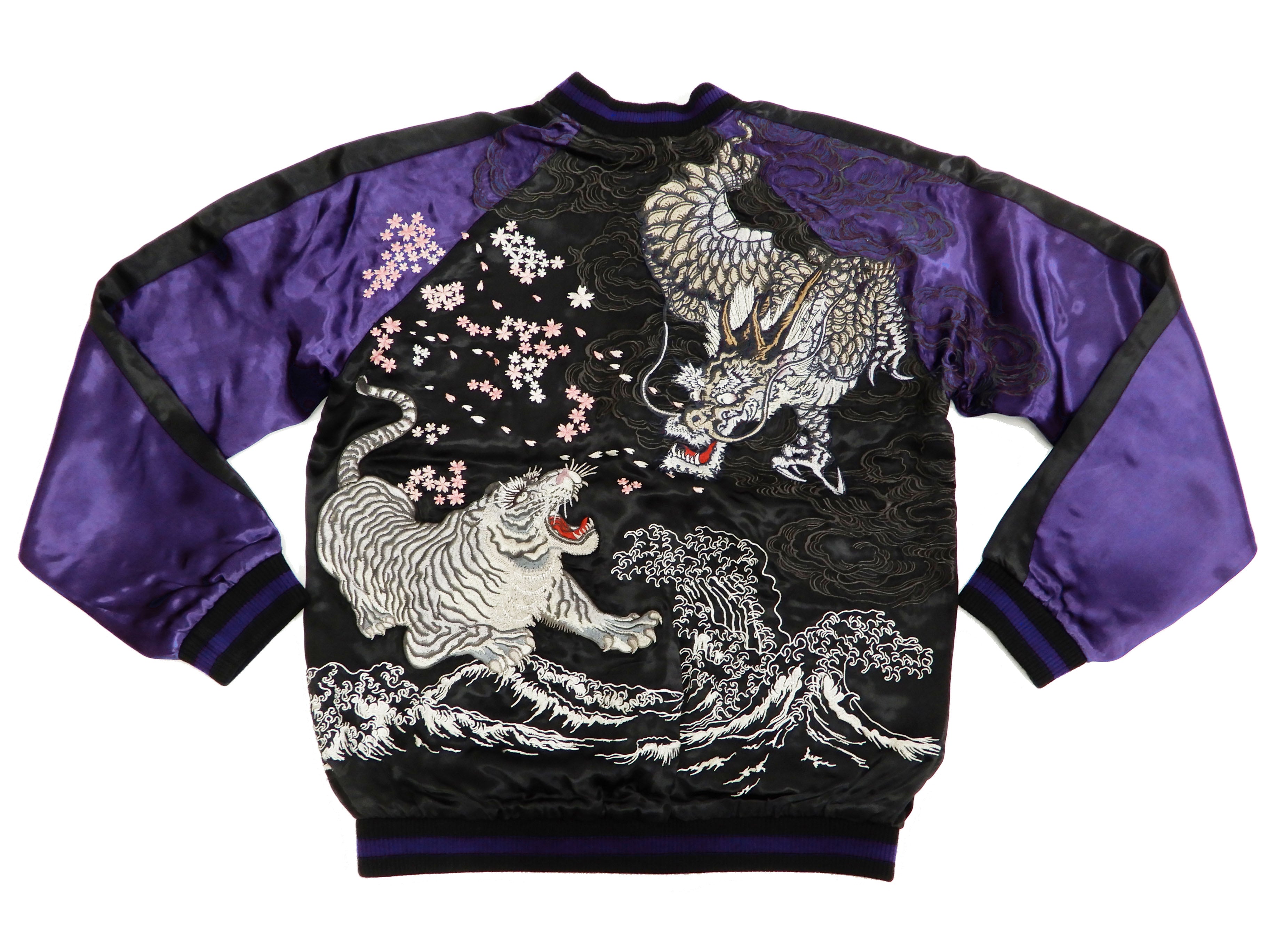 Satori Script Men's Japanese Souvenir Jacket - Dragon & Tiger Embroidery Sukajan Bomber Jacket GSJR 020 (Black/Dark Blue) | Vintage Asian Streetwear for Casual Outfits & Urban Fashion