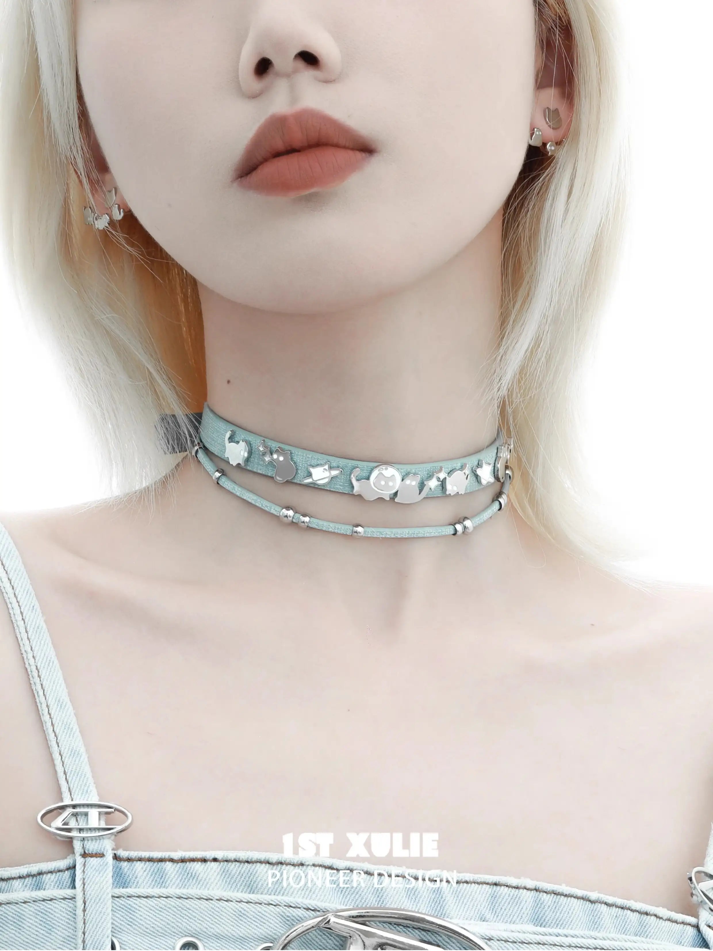 18K Black Gold Plated Leather Choker Necklace with Ghost & Black Cat Design - Gothic Jewelry for Women, Halloween Costume Accessory, Party Wear
