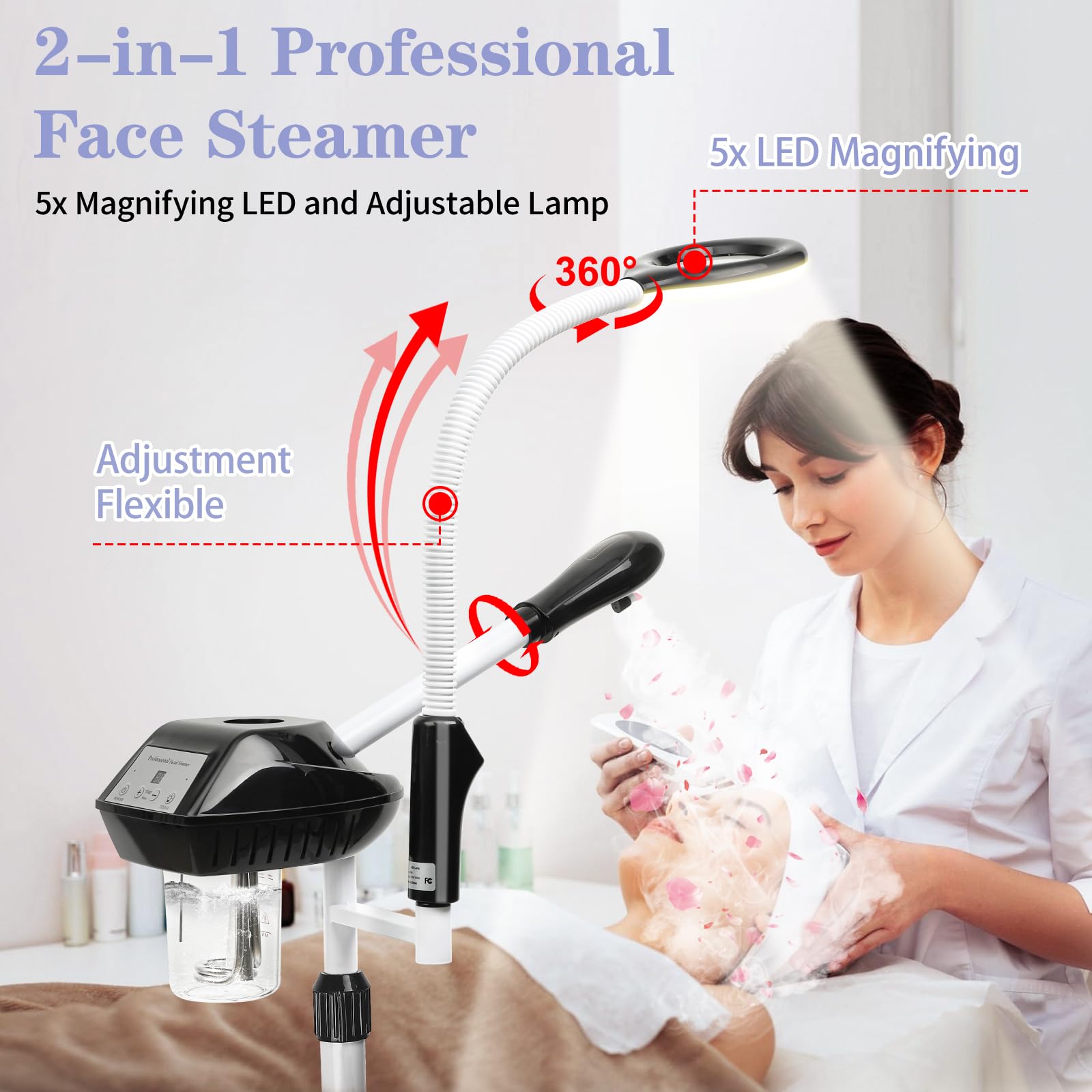 Professional 2-in-1 Ozone Facial Steamer with 5X Magnifying Lamp & Adjustable Height Stand - Timer Function for Spa, Salon & Home Use | Perfect for Deep Cleansing, Blackhead Removal & Relaxing Facial Treatments