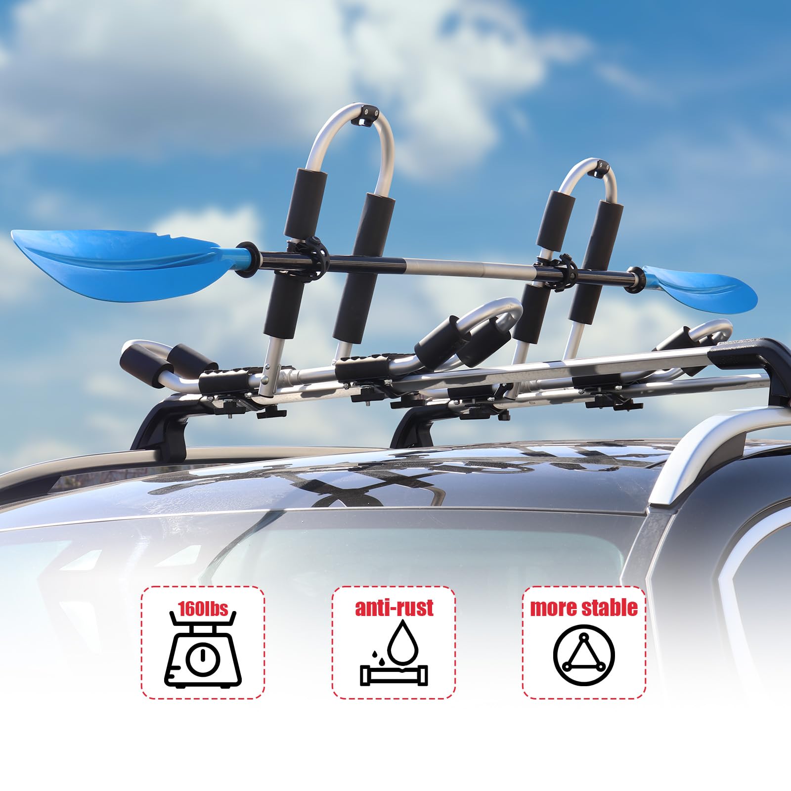 **2 in 1 Aluminum J-Bar Kayak Roof Rack – Heavy Duty 160 LBS Capacity, Adjustable & Folding Kayak Carrier for SUV, Car, Truck – Perfect for Kayaking, Canoeing & Surfing Adventures**