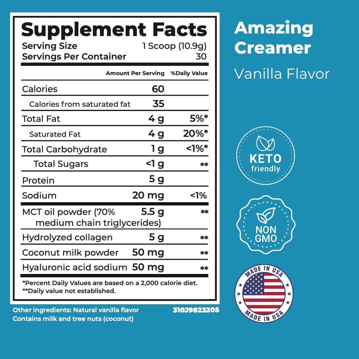 Superfoods Collagen Creamer with Hyaluronic Acid & MCT Oil - Keto Friendly, Supports Brain Function & Skin Health - Vanilla Flavor (60 Servings) | Perfect for Coffee, Smoothies & Weight Management