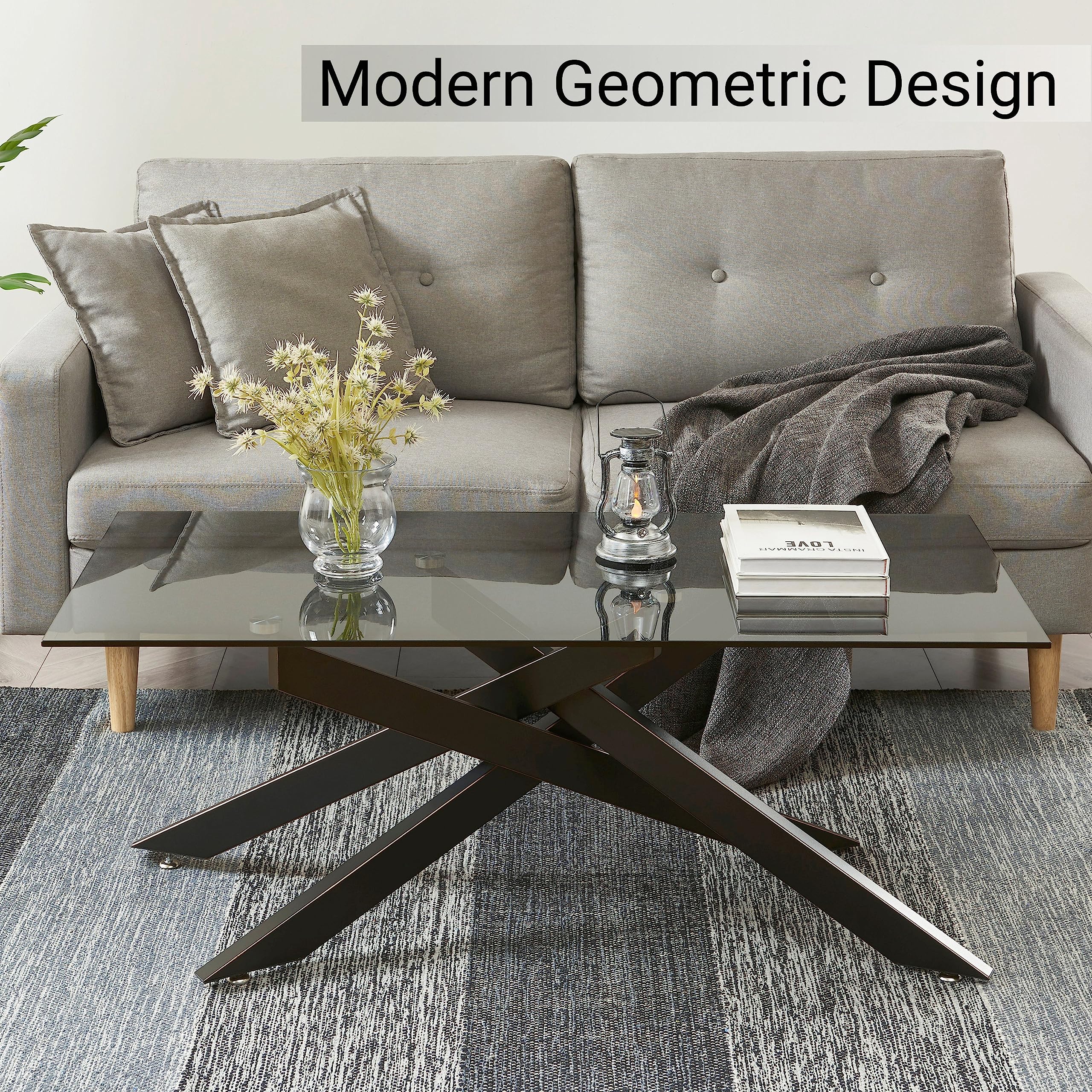 Modern Rectangle Coffee Table with Gray Tempered Glass Top & Black Metal Tubular Legs - 47.3
