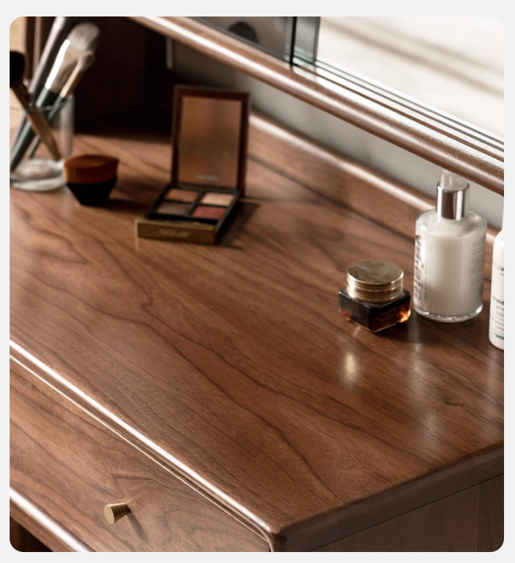 Solid Black Walnut Wood Mirror Dressing Table with Storage | Makeup Vanity Desk for Bedroom | Elegant Bedroom Furniture & Cosmetics Organizer
