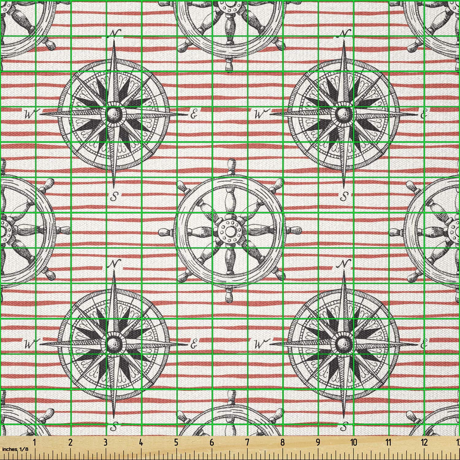 Ambesonne Nautical Stretch Knit Fabric - 10 Yards of Ocean Theme Hand-Drawn Ship Steering Wheel & Sea Compass Design with Pink Lines | Perfect for Clothing Sewing, DIY Arts & Crafts, Home Decor, and Upholstery Projects