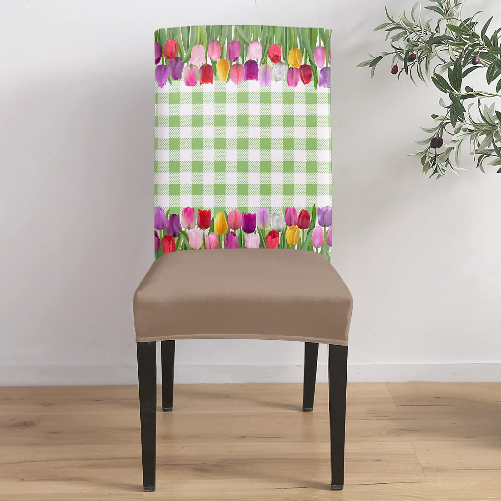 Spring Floral Tulips Green Plaid Dining Chair Covers Set of 4 - Stretchable Removable Universal Seat Protectors for Kitchen, Banquet, Wedding, Hotel Decor | Perfect for Home Dining, Party Decorations & Event Styling