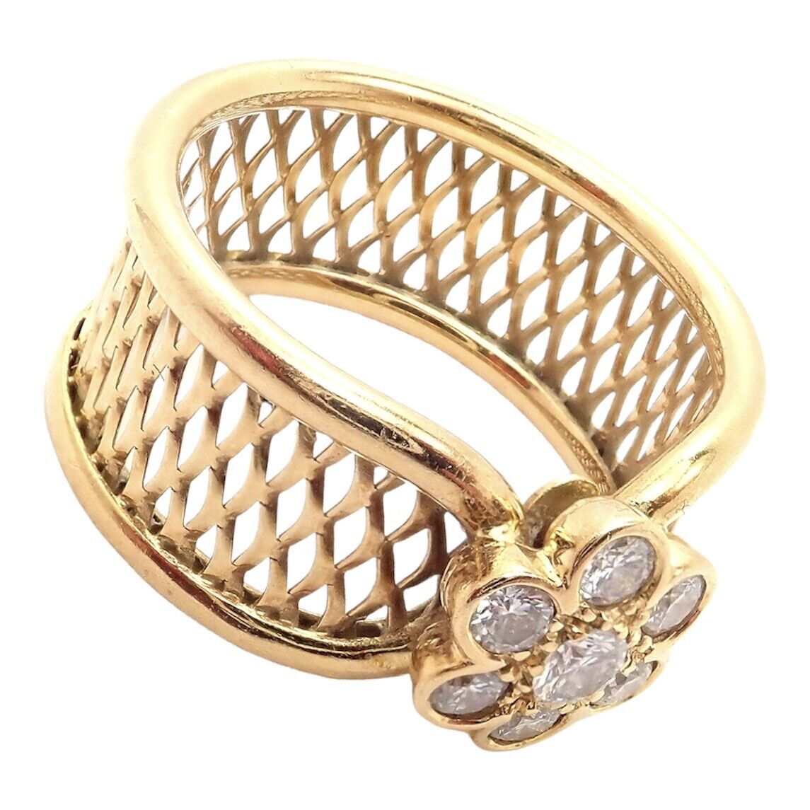Van Cleef & Arpels 18k Yellow Gold Diamond Fleurette Mesh Ring Size 7 - Luxury Jewelry for Women, Perfect for Weddings, Anniversaries & Special Occasions