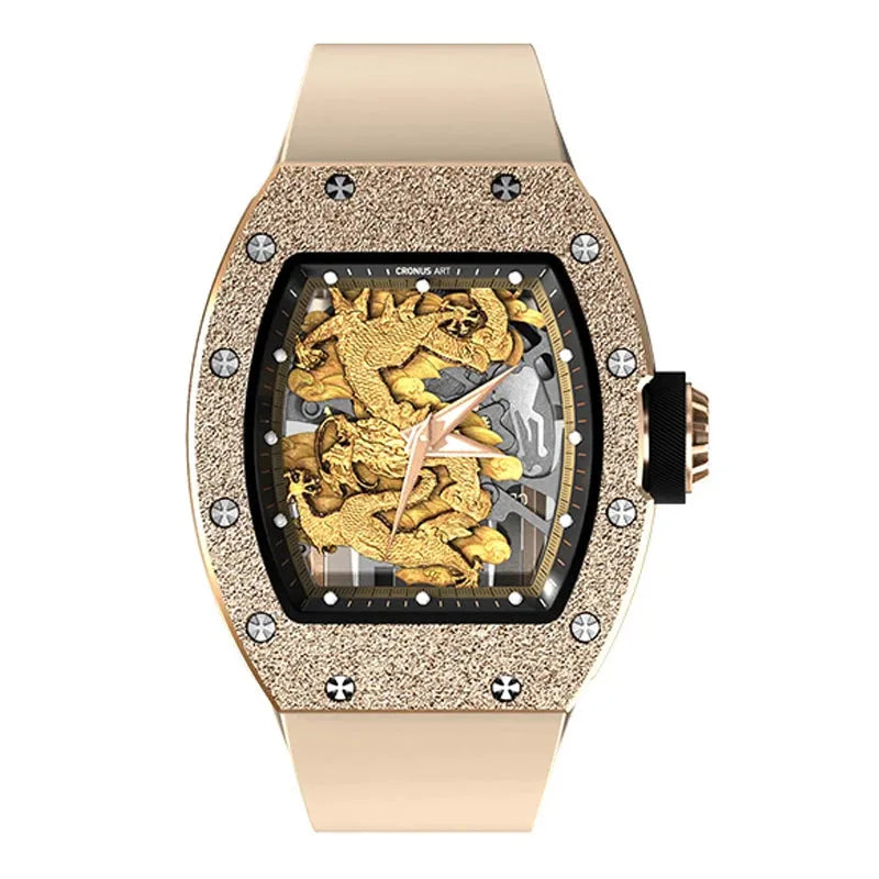 Luxury Men's Automatic Mechanical Watch - Tonneau Case, Gold Dragon Skeleton Dial, Luminous Hands, Fluororubber Strap | Perfect for Business, Formal Events & Gift Giving