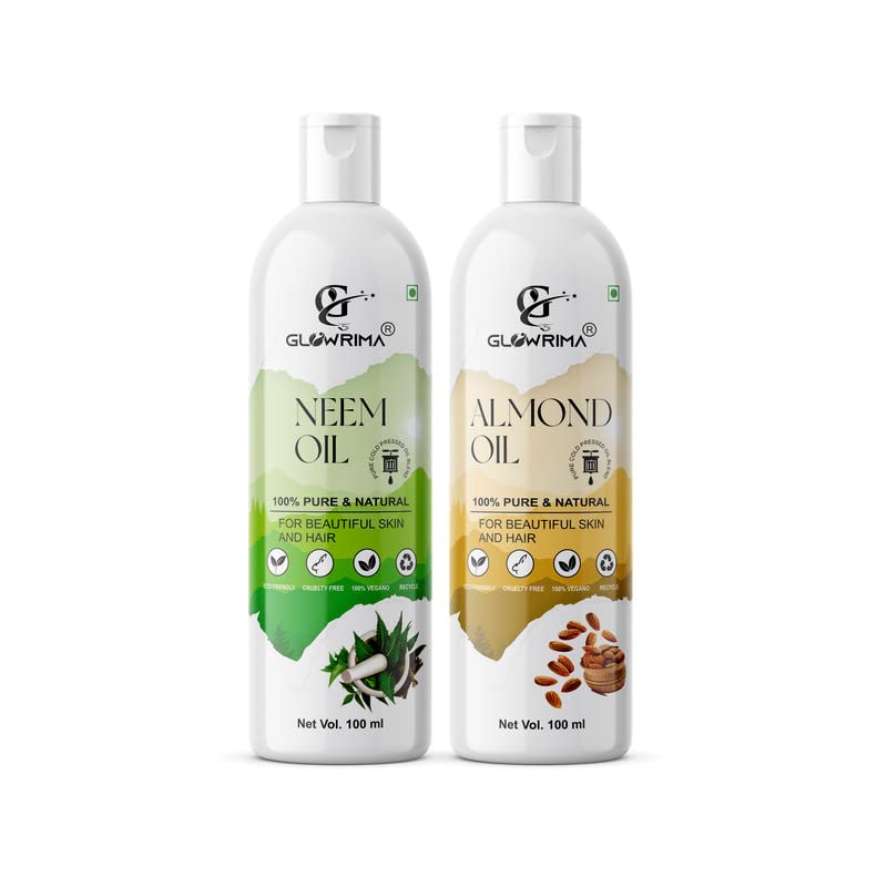 **Glowrima 100% Pure Neem Oil & Almond Oil Combo (100ML Each) - Promotes Rapid Hair Growth, Reduces Hair Fall, Repairs Split Ends for Softer & Shinier Hair - Ideal for Daily Hair Care & Scalp Treatment (Pack of 2)**