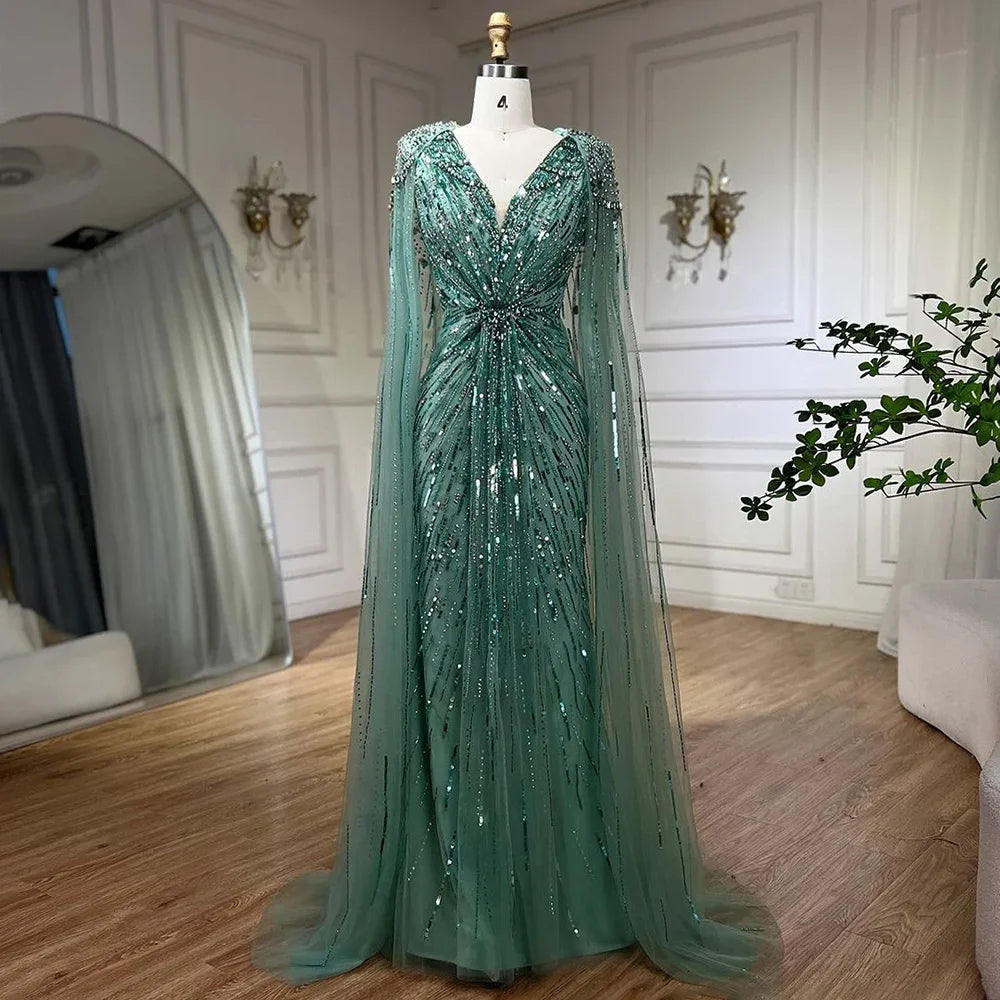 Elegant Turquoise Mermaid Beaded Evening Gown with Detachable Cape - LA72168A | Perfect for Prom, Gala & Formal Events