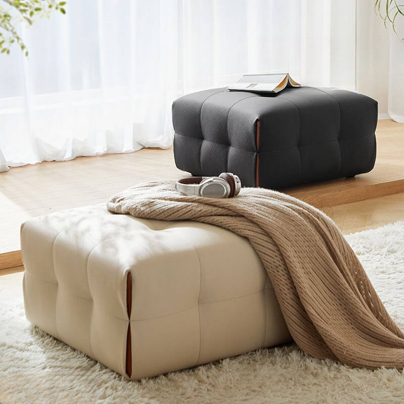 Modern Minimalist Rectangular Solid Color Pouf - PU Leather Upholstery in Midnight Black/Beige with Button Tufted Detail - Perfect for Living Room, Bedroom or Office Decor