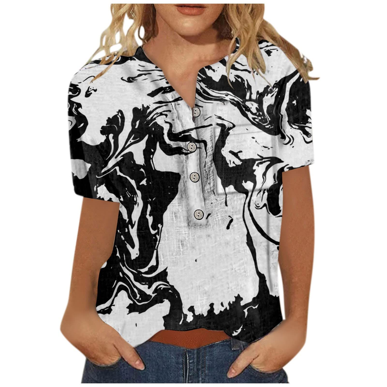Women's Cotton Linen Short Sleeve Button Down Shirts & Blouses - Summer Casual Print Tops for Work, Office, and Outdoor Activities