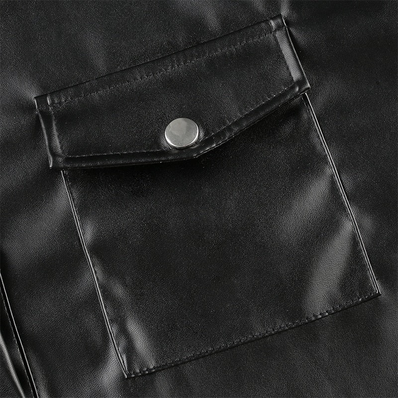 Stylish Black Faux Leather Streetwear Jacket for Women - Button-Down Collar Design | Perfect for Urban Fashion & Night Out