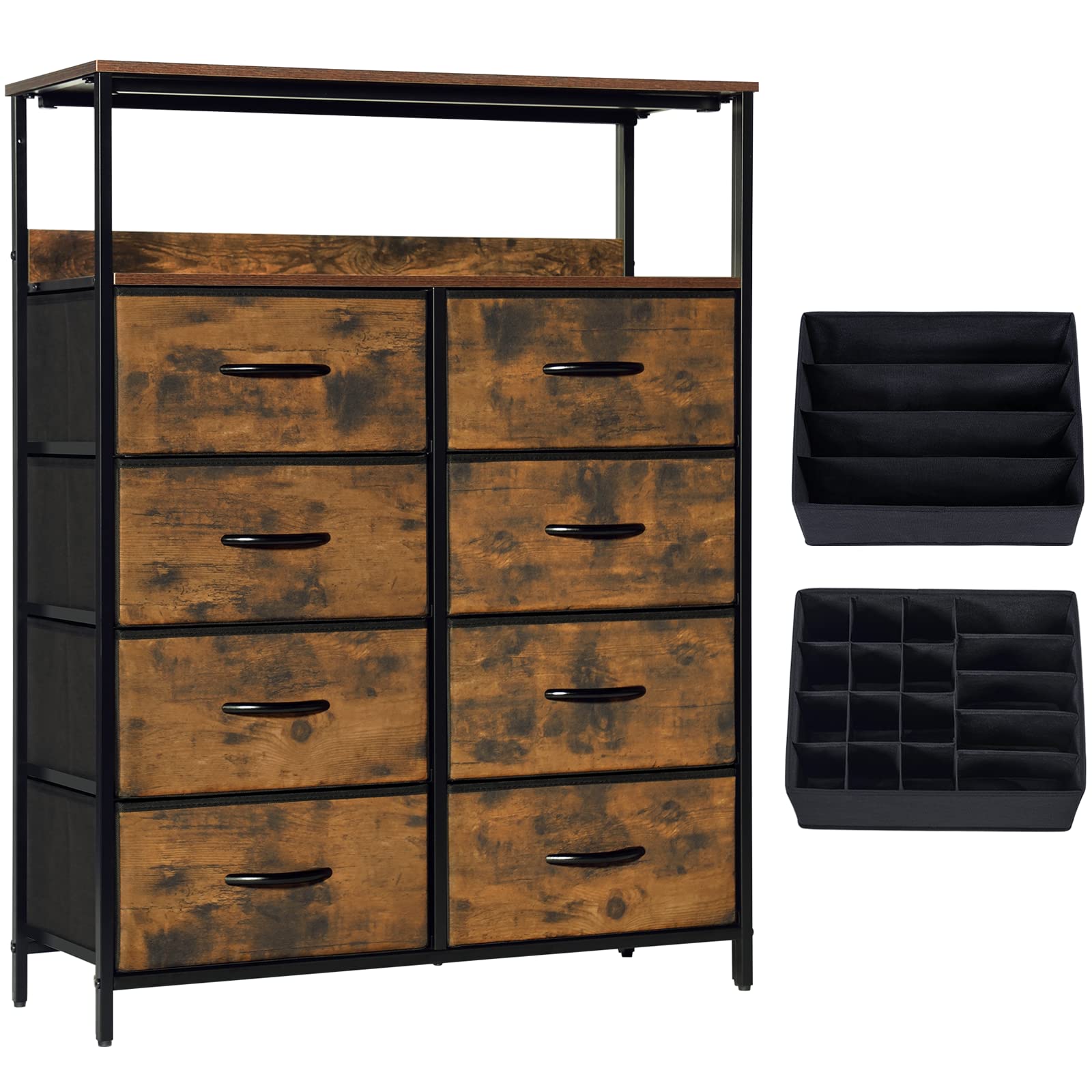 LYNCOHOME 8-Drawer Fabric Dresser with Shelves & 2 Drawer Organizers - Sturdy Steel Frame Chest for Clothes Storage | Perfect for Bedroom, Closet, Hallway, Nursery & Kids Room Organization