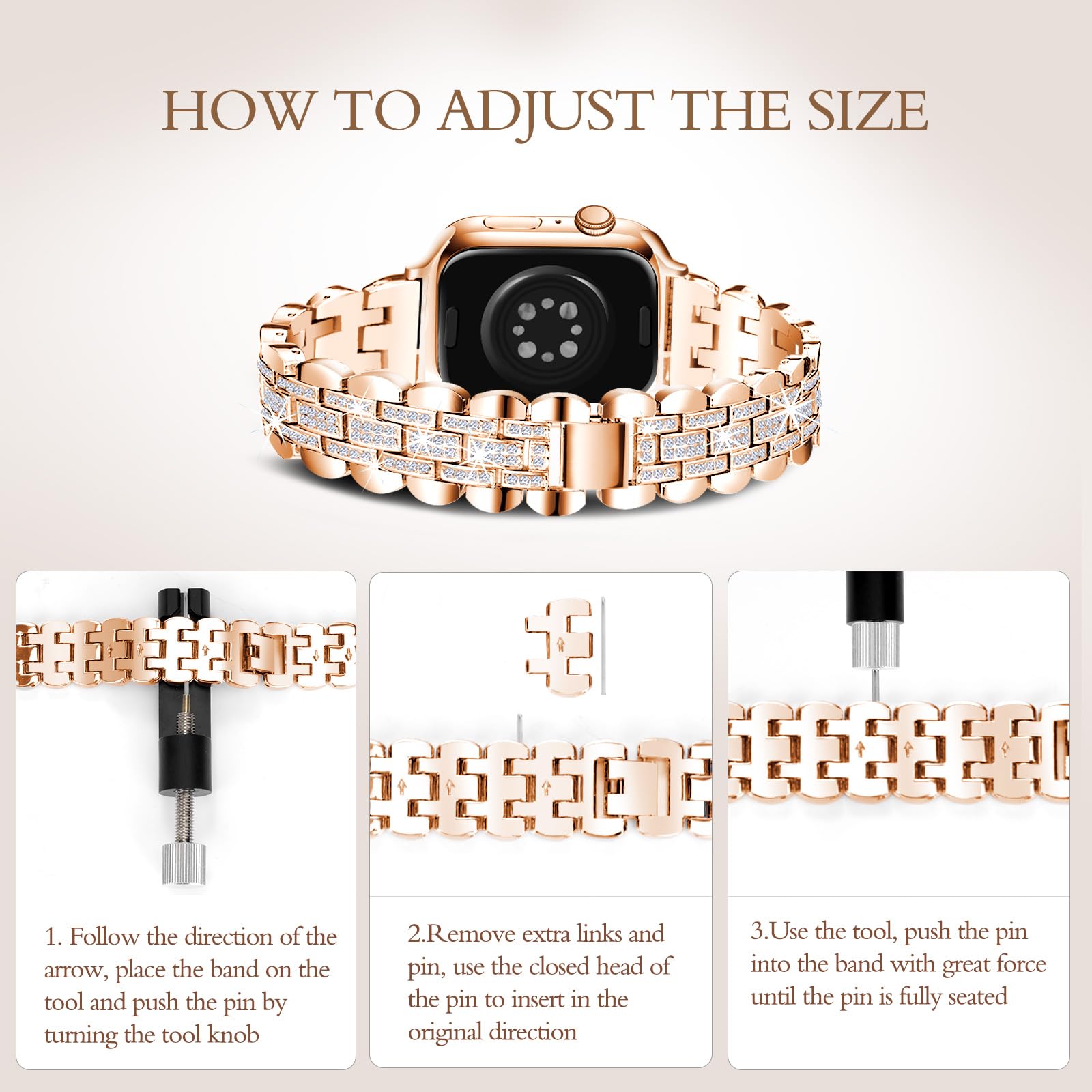 Stainless Steel Apple Watch Band 42mm 41mm 40mm 38mm - Bling Jewelry Bracelet for Apple Watch Series 10 9 8 7 SE 6 5 4 3 - Rose Gold Women's iWatch Accessory - Perfect for Work, Parties & Everyday Wear