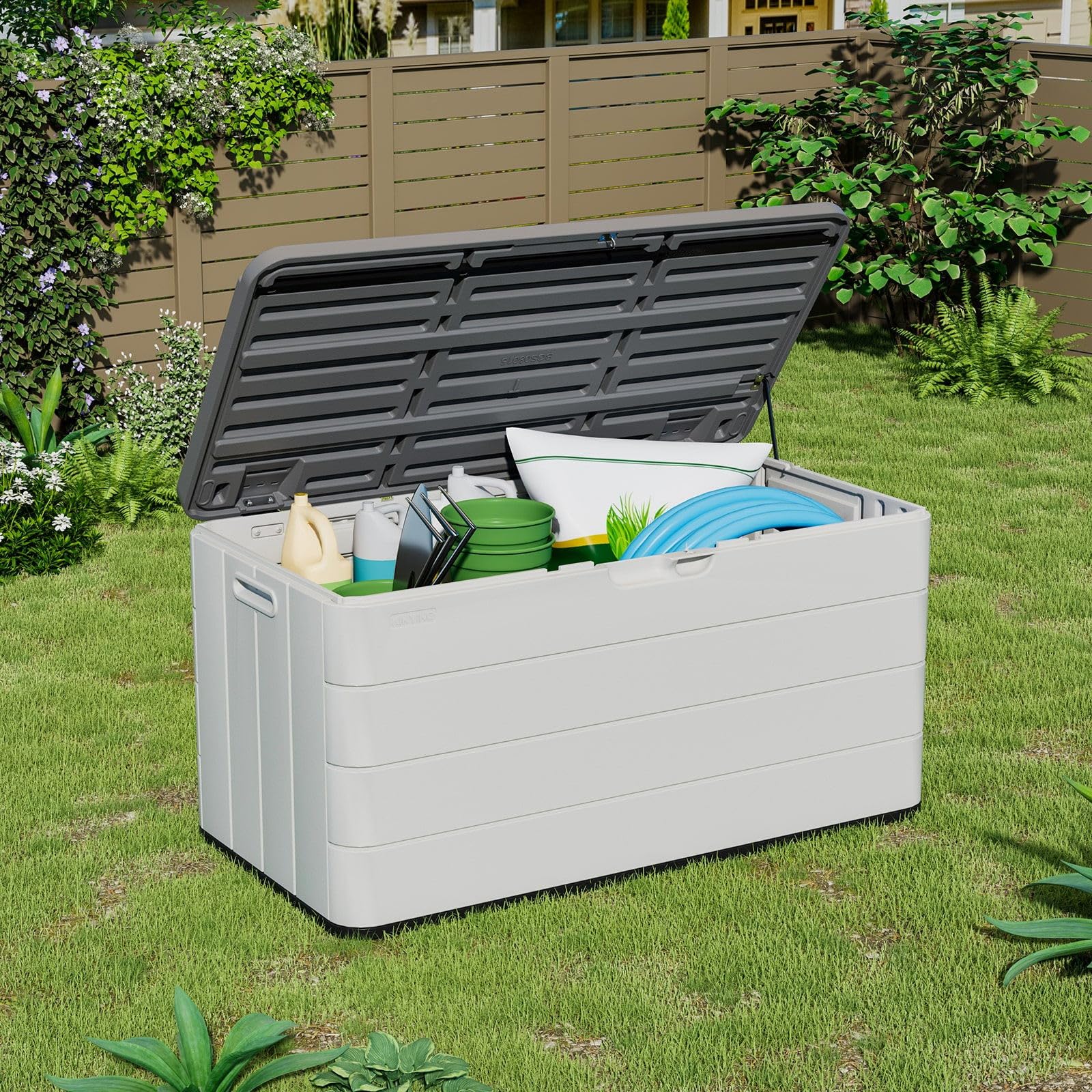 ADDOK Large Resin Deck Box with Lock - Waterproof Outdoor Storage Bench for Patio Cushions, Garden Tools & Accessories | Perfect for Backyard, Deck & Poolside Organization