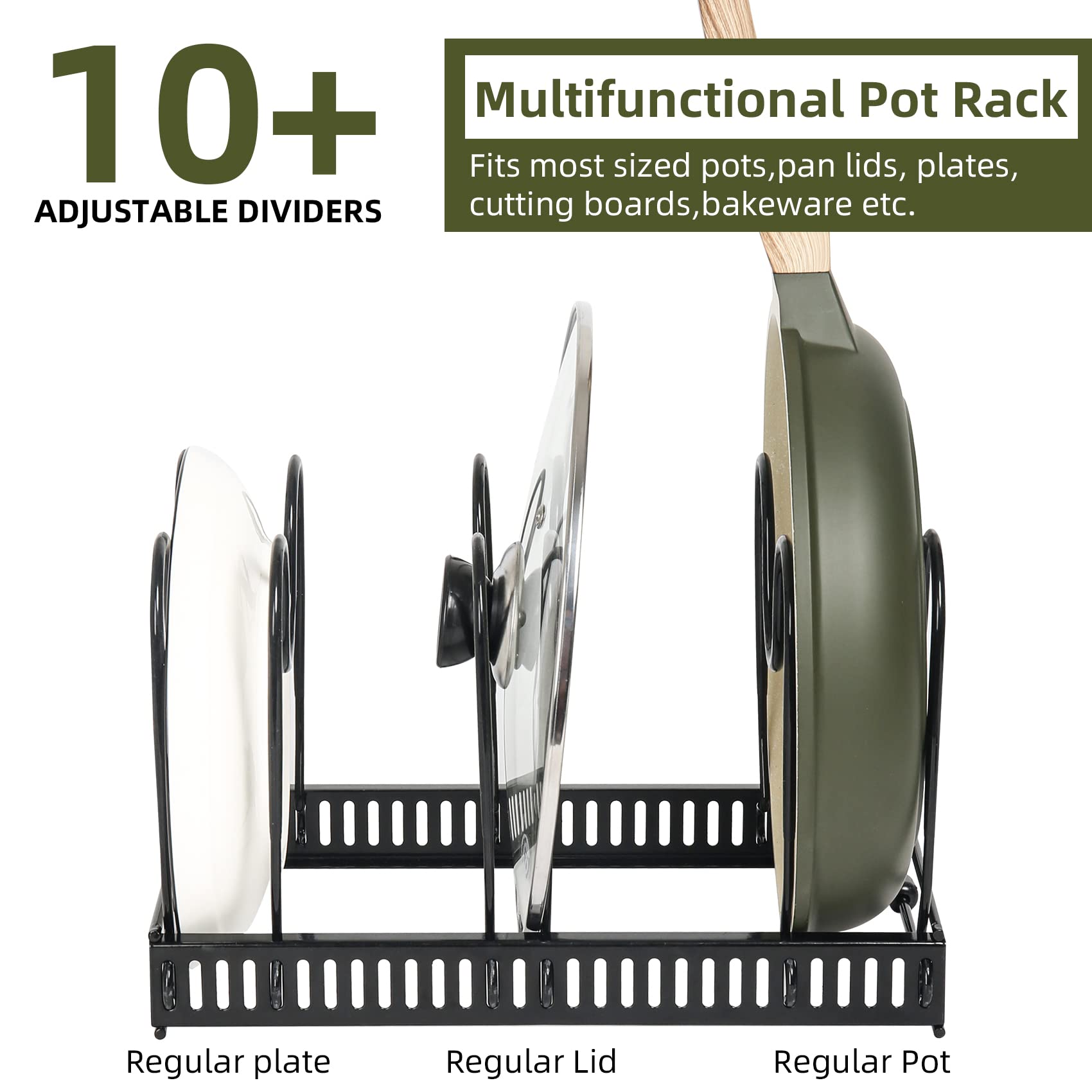 Expandable ROOHUA Pot and Pan Organizer - 10 Adjustable Compartments Lid Holder for Kitchen Cabinet Storage | Perfect for Cookware, Baking & Frying Utensils Organization in Small Spaces