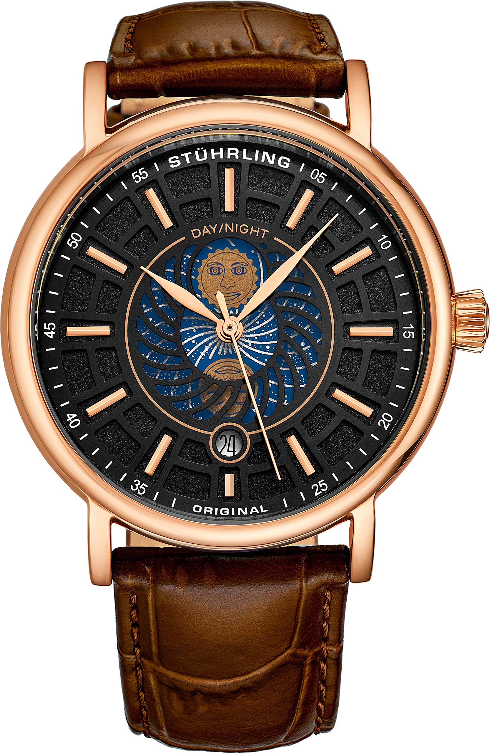 Stuhrling Original Men's Day/Night Dress Watch - Stainless Steel Case & Genuine Leather Band - Analog Watch with Date & Day/Night Indicator - Luxury Business & Formal Watches for Men - Perfect for Office, Weddings & Special Occasions