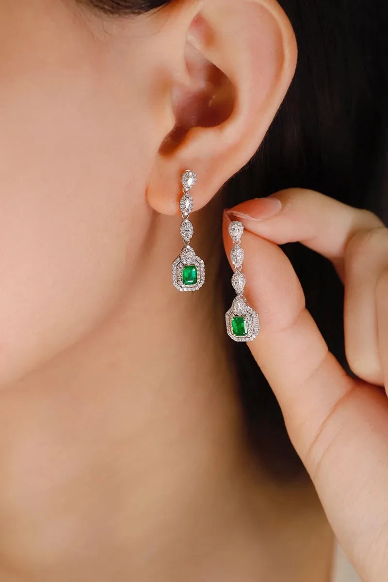 18K White Gold Diamond & Natural Emerald Necklace & Earrings Set for Women - Luxury Elegant Jewelry for Parties, Weddings & Special Occasions