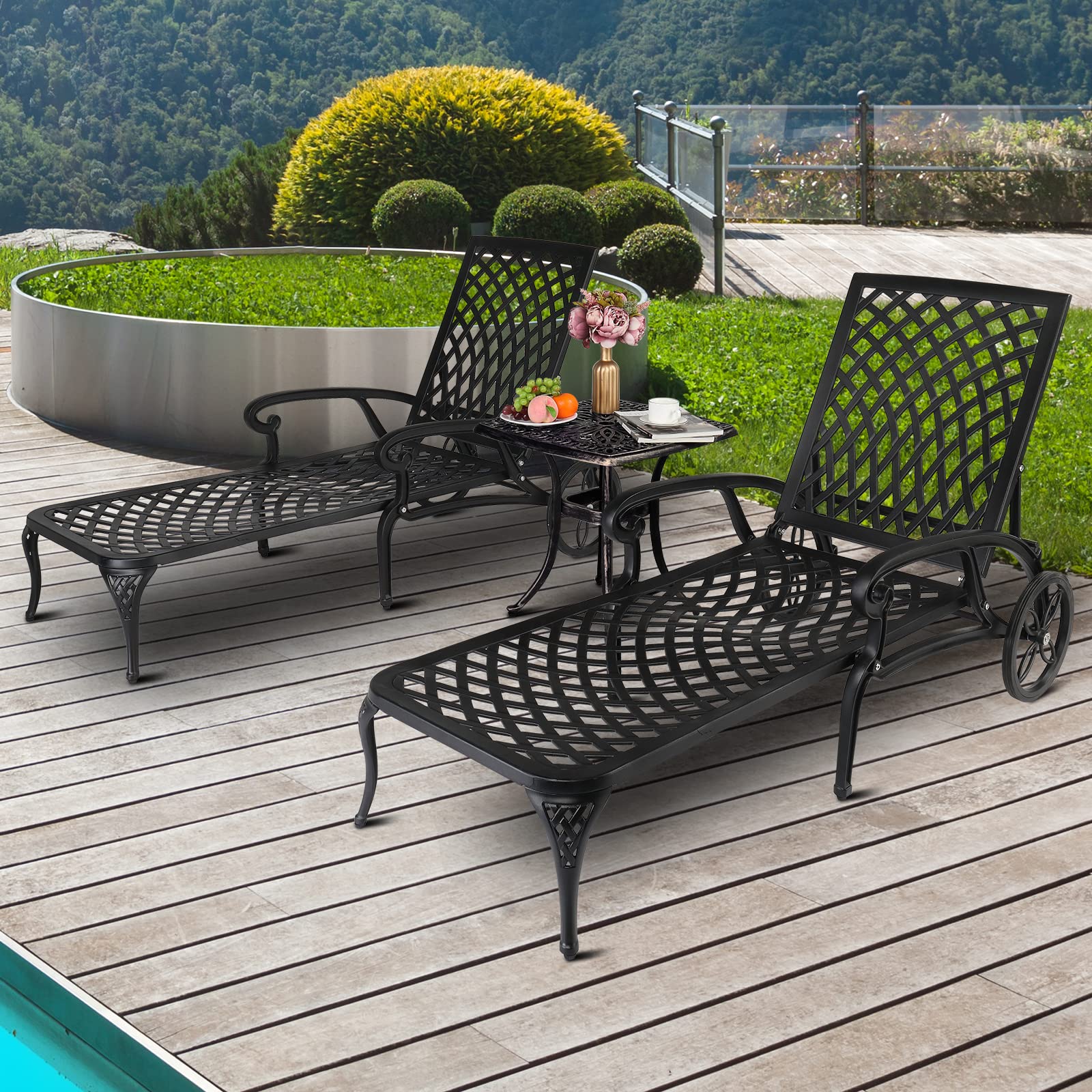 VINGLI Heavy-Duty Cast Aluminum Outdoor Chaise Lounge Chair with Wheels - Adjustable 3-Position Backrest, Weather-Resistant Patio Tanning Chair for Poolside, Beach & Backyard Relaxation (Black, Cushion Not Included)