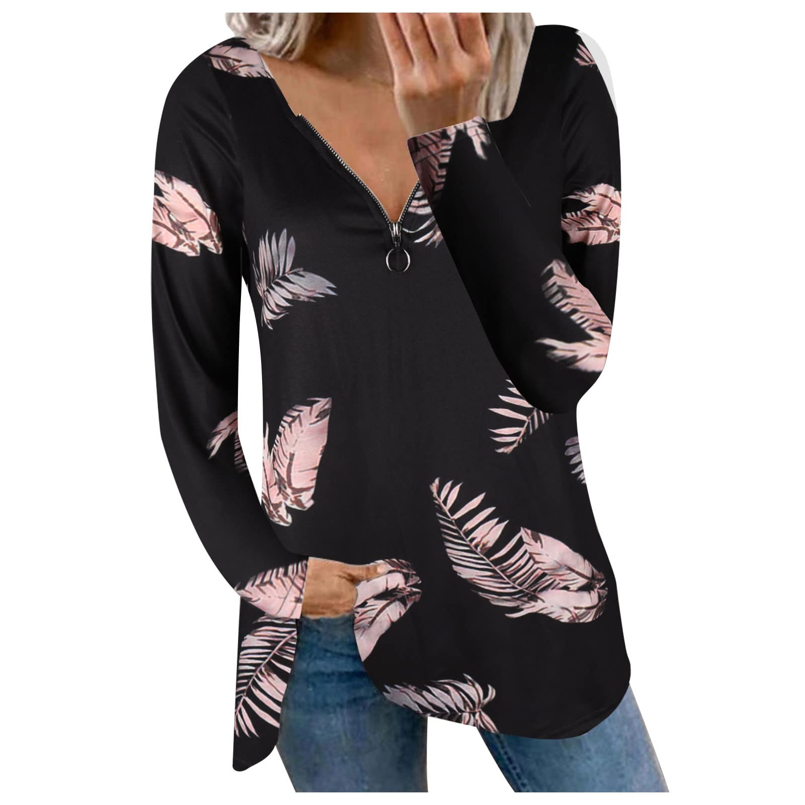 Women's Floral Feather Print Zip V-Neck Long Sleeve Pullover Tunic Top - Elegant Casual & Dressy Blouse for Work, Date Night & Fall Layering