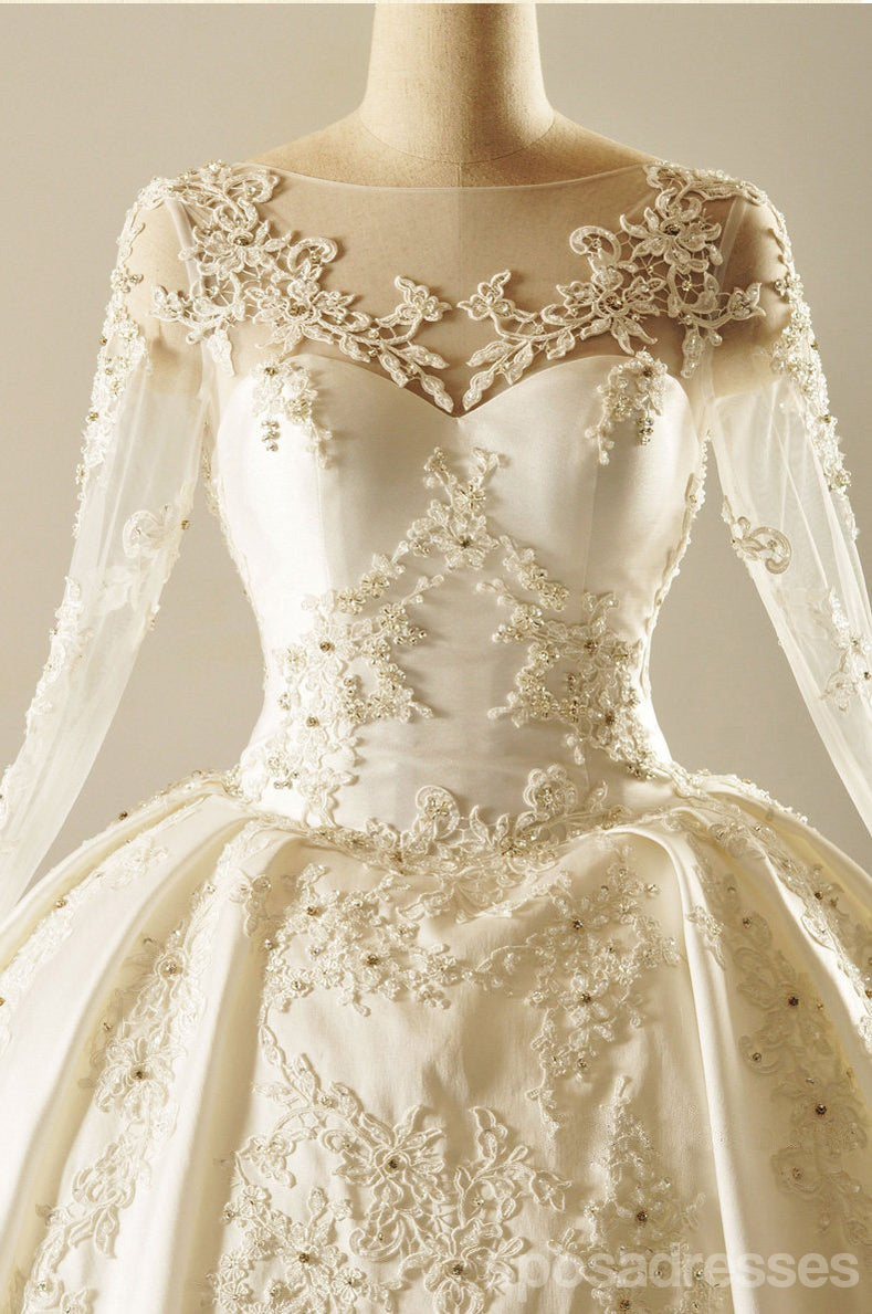 Custom Long Sleeve V-Neck Lace Wedding Dress with Train - Elegant Bridal Gown WD221 for Church Ceremony, Beach Wedding & Formal Reception