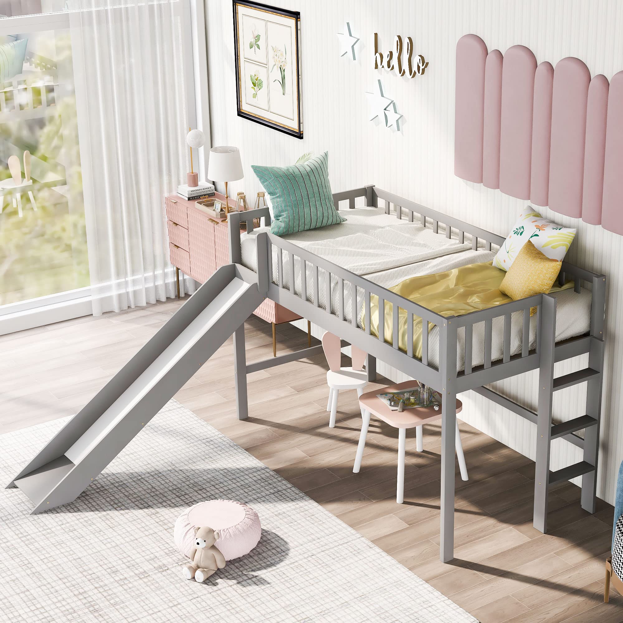 Harper & Bright Designs Twin Loft Bed with Slide - Sturdy Wooden Kids Bunk Bed Frame with Ladder & Safety Guardrail - Space-Saving Gray Loft Bed for Small Rooms - Perfect for Kids' Bedroom, Playroom or Dormitory (No Box Spring Needed)