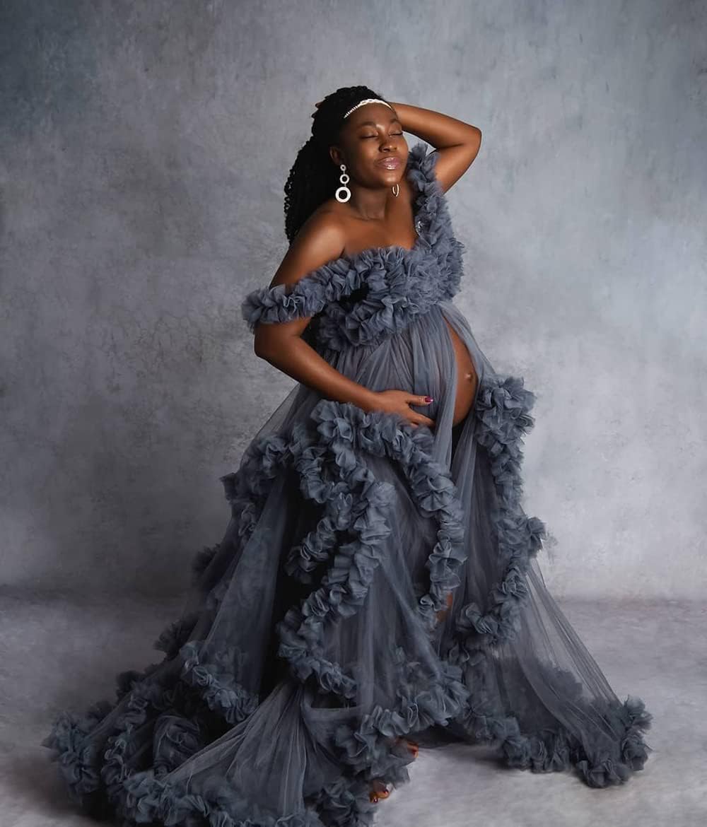 Elegant Maternity Robe - Long Lingerie Bridal Gown with Tulle & Ruffles for Pregnancy Photoshoots, Baby Showers & Honeymoon Nights