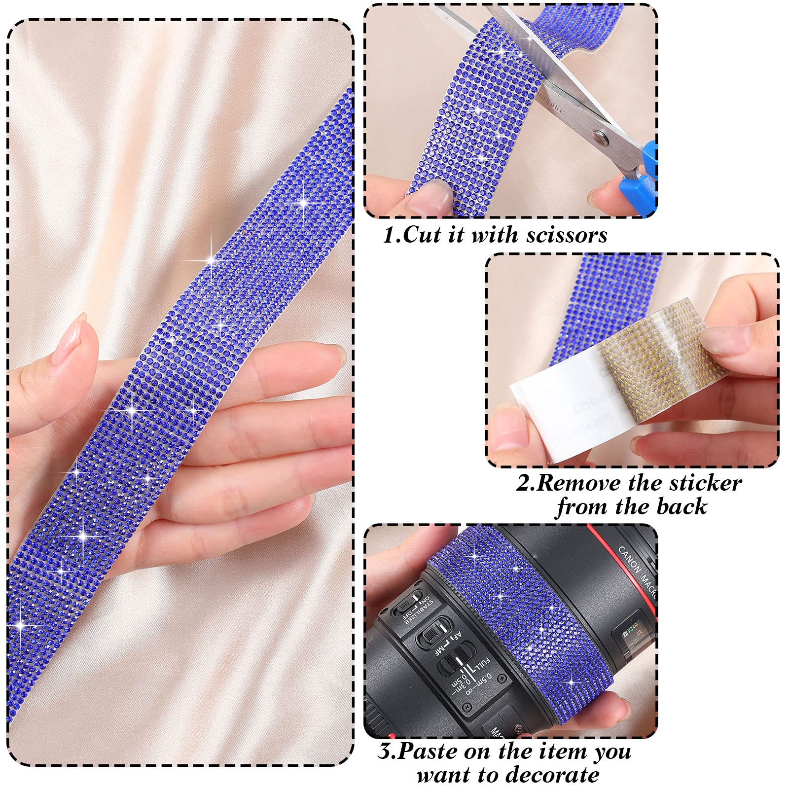 Self Adhesive Rhinestone Strips - 2mm Diamond Bling Crystal Ribbon Stickers for DIY Crafts, Jewelry Making, Car & Phone Decoration (Royal Blue, 1.06