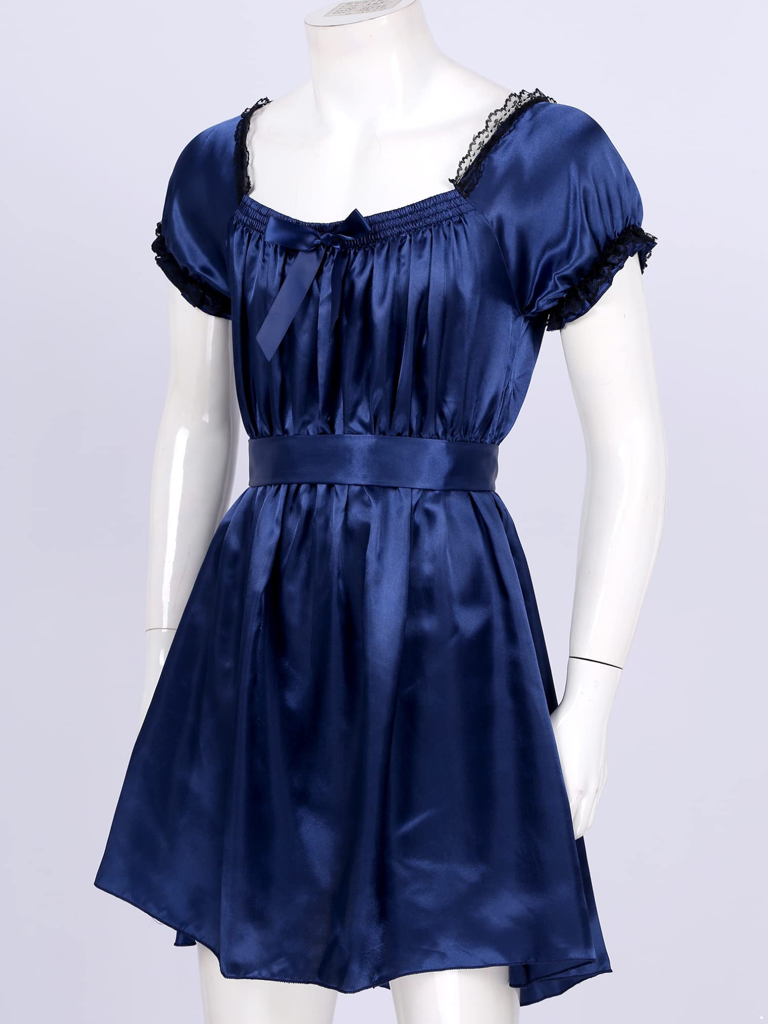 EasyForever Men's One Piece Silky Satin Lace Trim Ruffled Dress - Crossdressing Costume for Cosplay, Halloween & Special Occasions