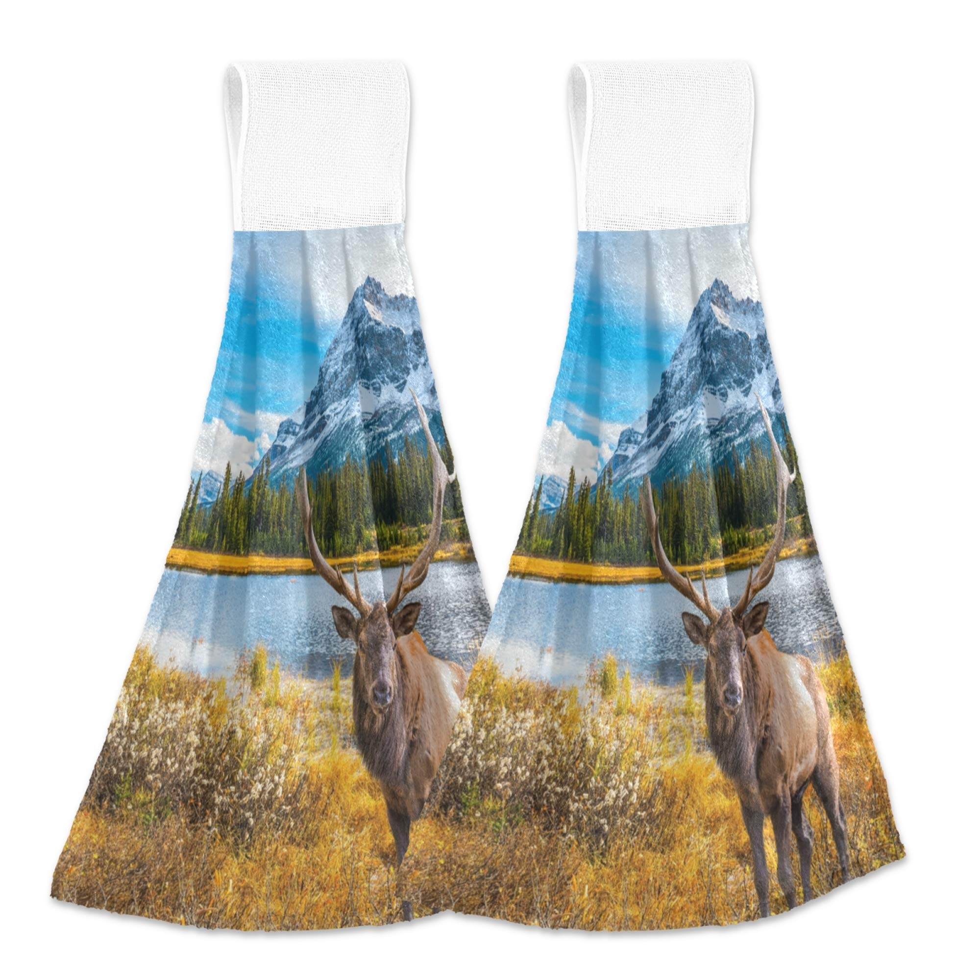 Premium Absorbent Red Deer Bull Elk Moose Autumn Forest Kitchen Hand Towels Set of 2 - Hanging Bath Towels with Hook & Loop for Kitchen, Bathroom & Cabin Decor - Perfect for Rustic Cabins, Hunting Lodges & Outdoor Enthusiasts