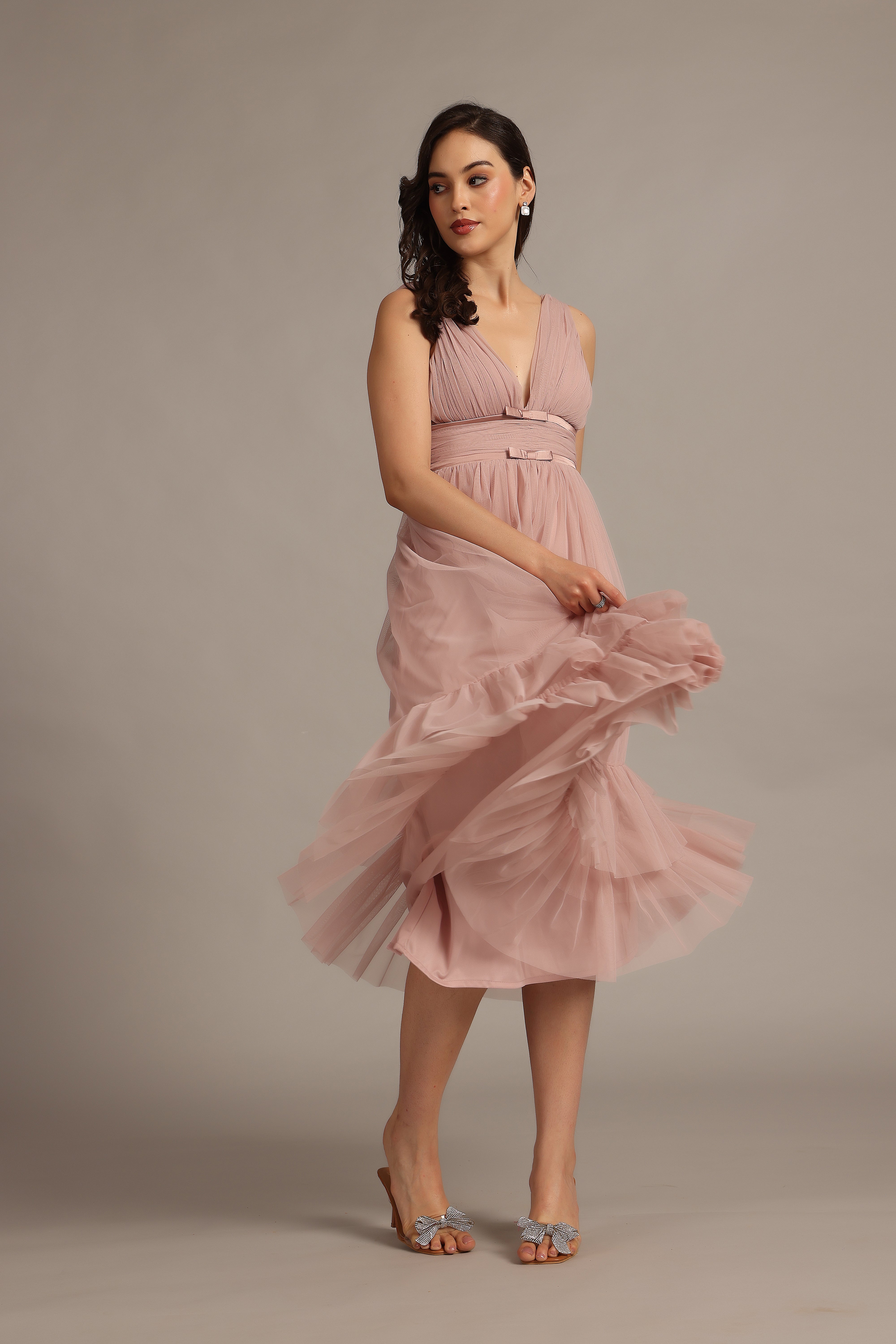 Nymeria Soft Pink Midi Dress - Elegant Flowy Women's Summer Dress for Weddings, Parties & Casual Outings