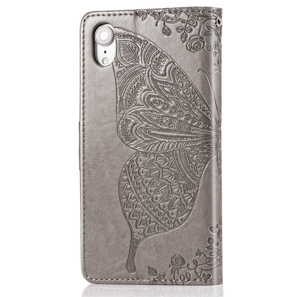 Stylish Shiny Diamond Wallet Case for iPhone XR - PU Leather Flip Cover with Credit Card Slots & Magnetic Stand | Shockproof Glitter Butterfly Gray Design | Perfect for Everyday Use, Travel & Business Meetings