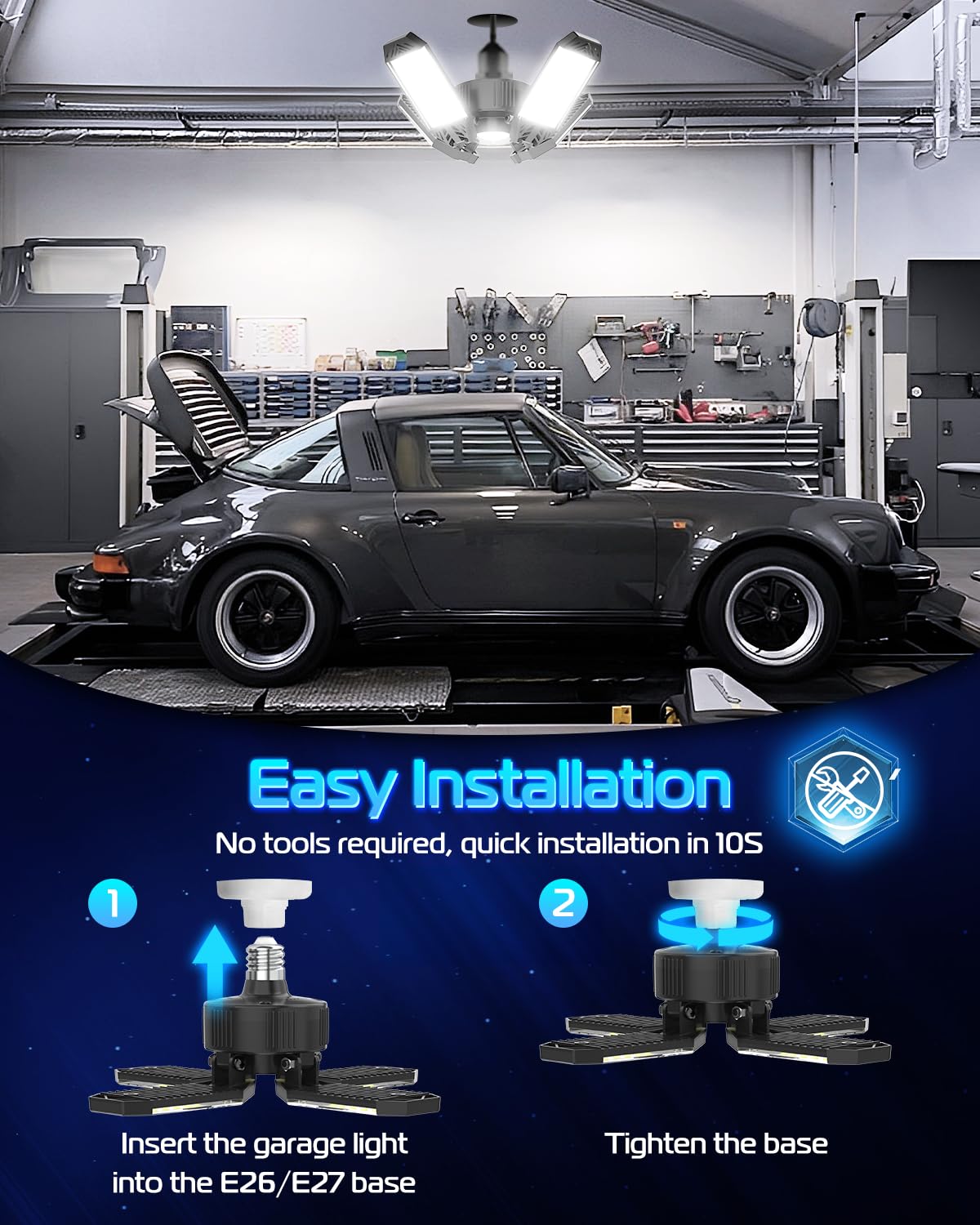 2-Pack 130W 13000LM Adjustable LED Garage Lights with Transformer, E26/E27 Base, 6500K Daylight White - Shop Lighting for Factory, Warehouse, Storage Room & Home Garage - Perfect for Workspaces, Basements and Auto Repair Shops