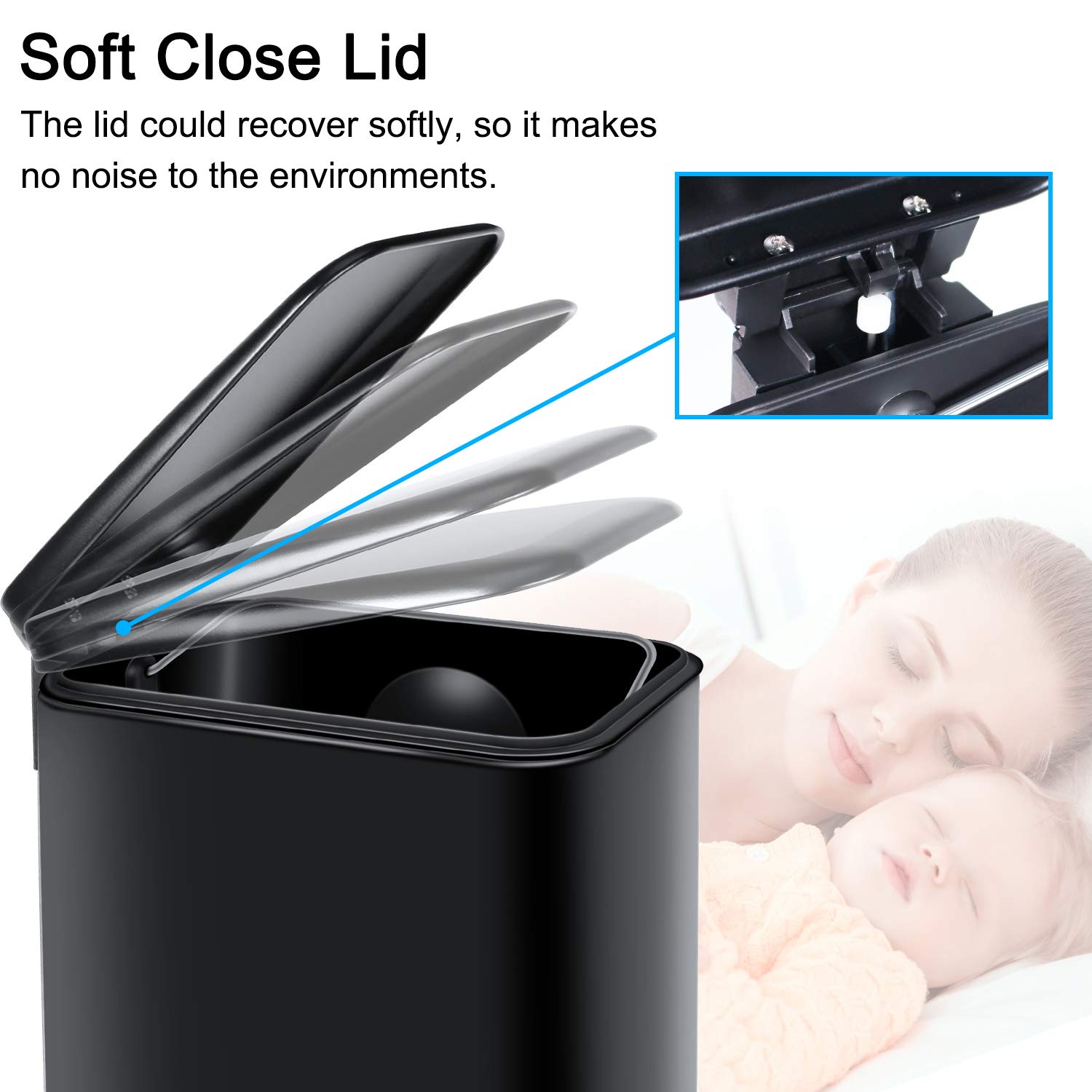 Compact 5L/1.3Gal Rectangular Bathroom Trash Can with Soft Close Lid & Foot Pedal - Slim Black Waste Bin for Bathroom, Bedroom, Office - Removable Inner Basket for Easy Cleaning - Perfect for Small Spaces & Modern Decor