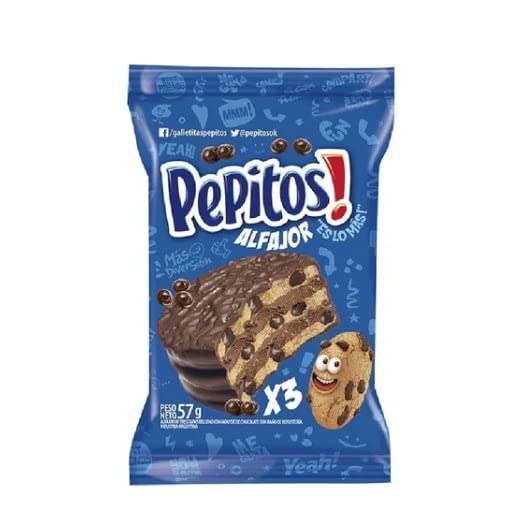 Delicious Pepitos Triple Alfajor - Chocolate Chip Cookies with Chocolate Mousse Filling & Chocolate Coating (6 Pack x 57g) - Perfect for Snacking, Gifts & Dessert Parties