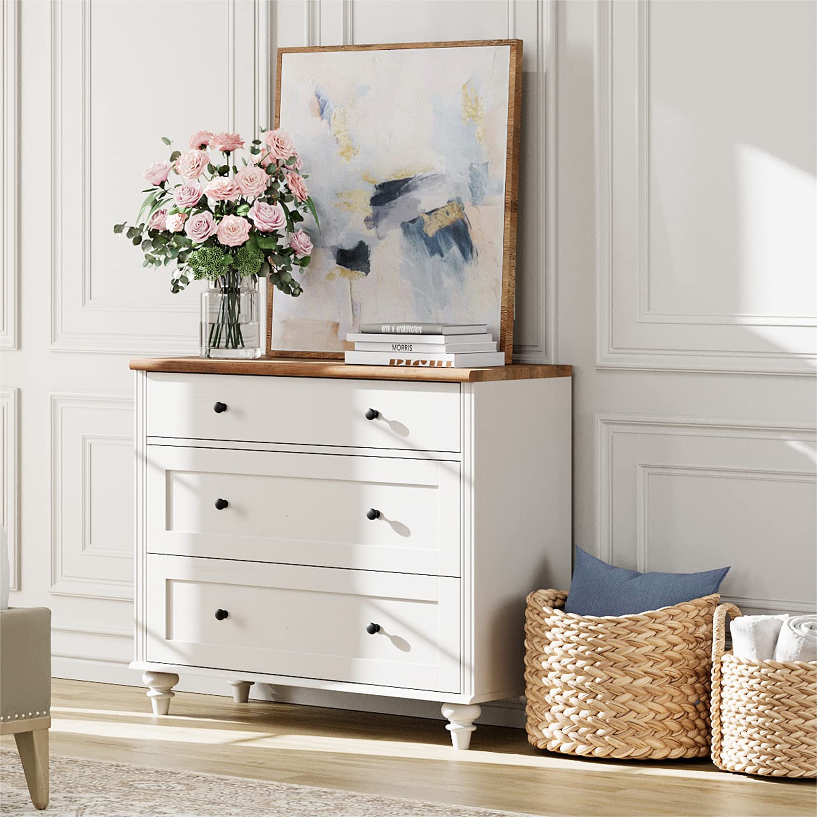 WAMPAT 3-Drawer Dresser for Bedroom - White Mid Century Modern Wooden Chest of Drawers - Kids Dresser & Storage Organizer for Nursery, Living Room, Hallway - Perfect for Clothes, Toys & Home Organization