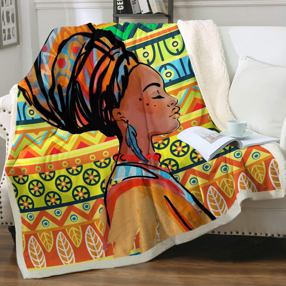 Sleepwish African American Woman Sherpa Blanket - Ethnic Tribal Style Reversible Fleece Throw Blanket in Orange, Yellow & Black - Ultra Soft Plush Sofa Couch Bed TV Blanket for Women (90x90 Inches Queen Size) - Perfect for Cozy Nights, Home Decor, and Gift Giving