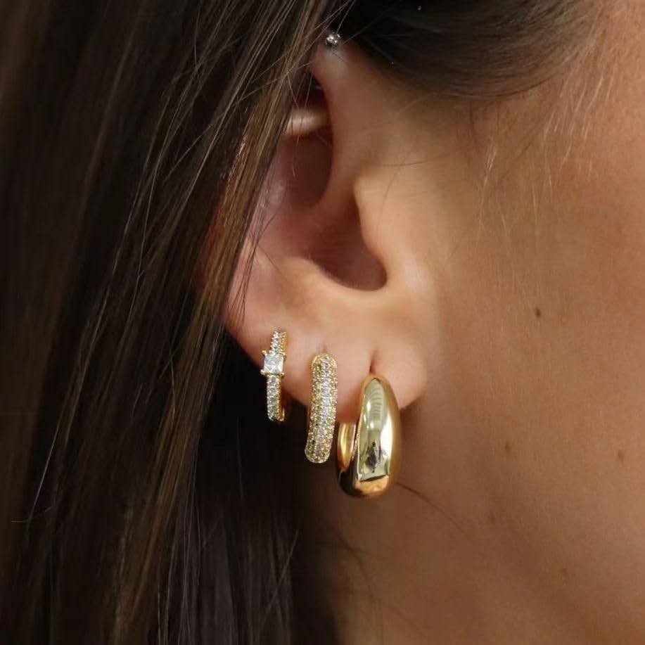 3 Pairs 14K Gold Plated Chunky Hoop Earrings for Women - Elegant Huggie Hoop Earring Set for Everyday Wear, Party & Gift Giving