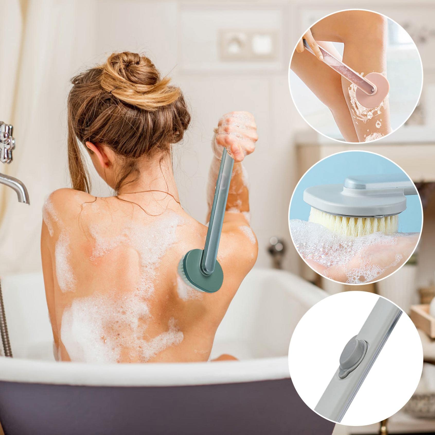 Long Handle Bath Brush with Natural Bristles - Silicone Body Scrubber & Exfoliator for Shower, Back Cleaning & Skin Care | Fillable Handle for Body Wash | Perfect for Sensitive Skin & Hard-to-Reach Areas (Pink, 2022 New)