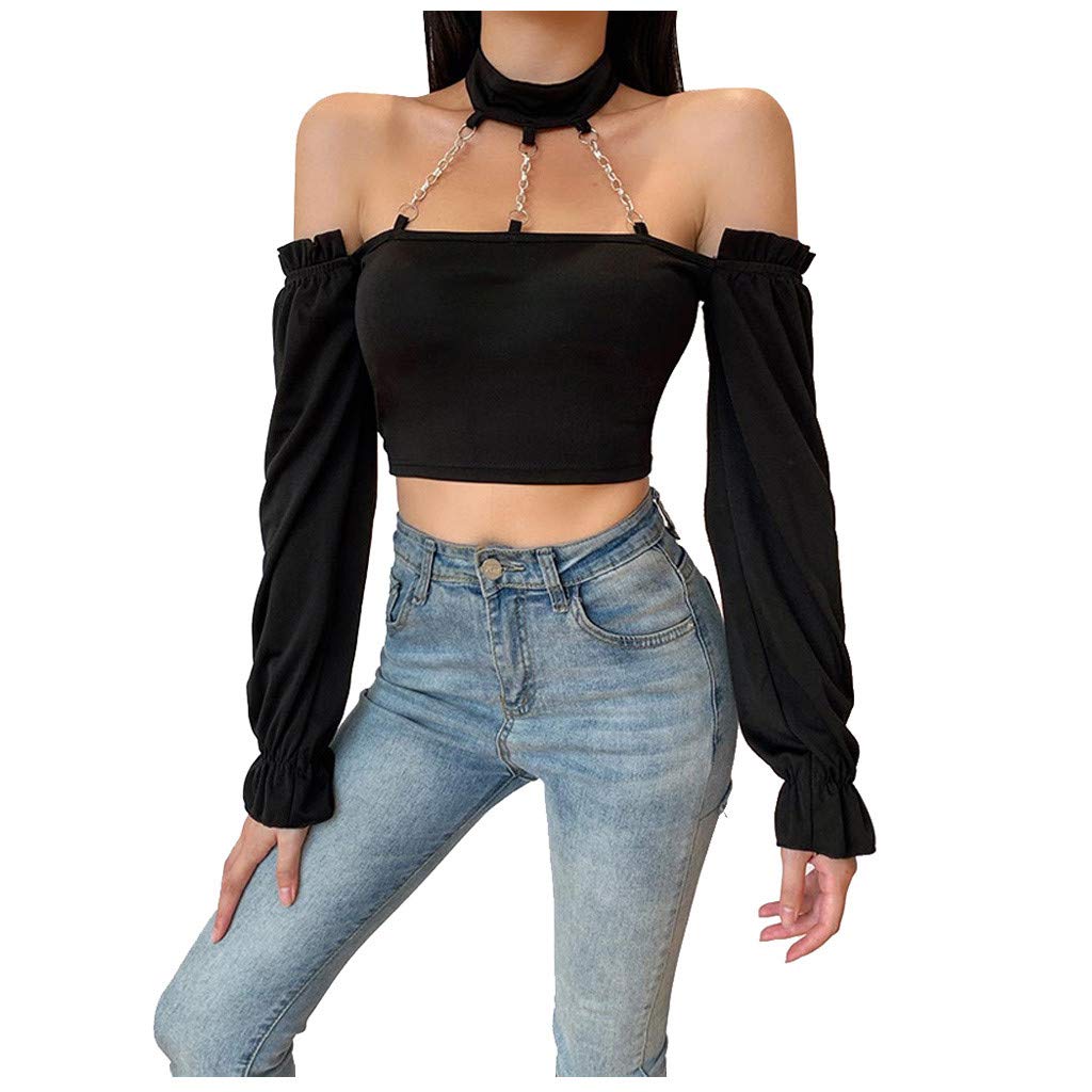 Punk Style Women's Long Sleeve Halter Metal Chain Top - Cotton Off-Shoulder Shirt for Concerts, Parties & Gothic Fashion