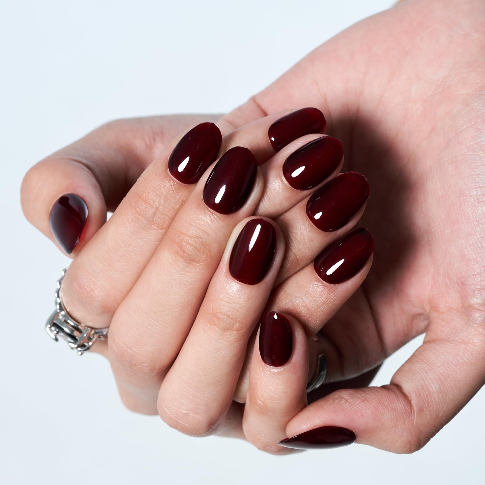 GLAMERMAID Short Oval Press on Nails - 24Pcs Burgundy Jelly Gel Fake Nails with Glossy UV Finish | Reusable Acrylic False Nails for Women | Perfect for Spring Summer Gothic Manicure & Special Occasions