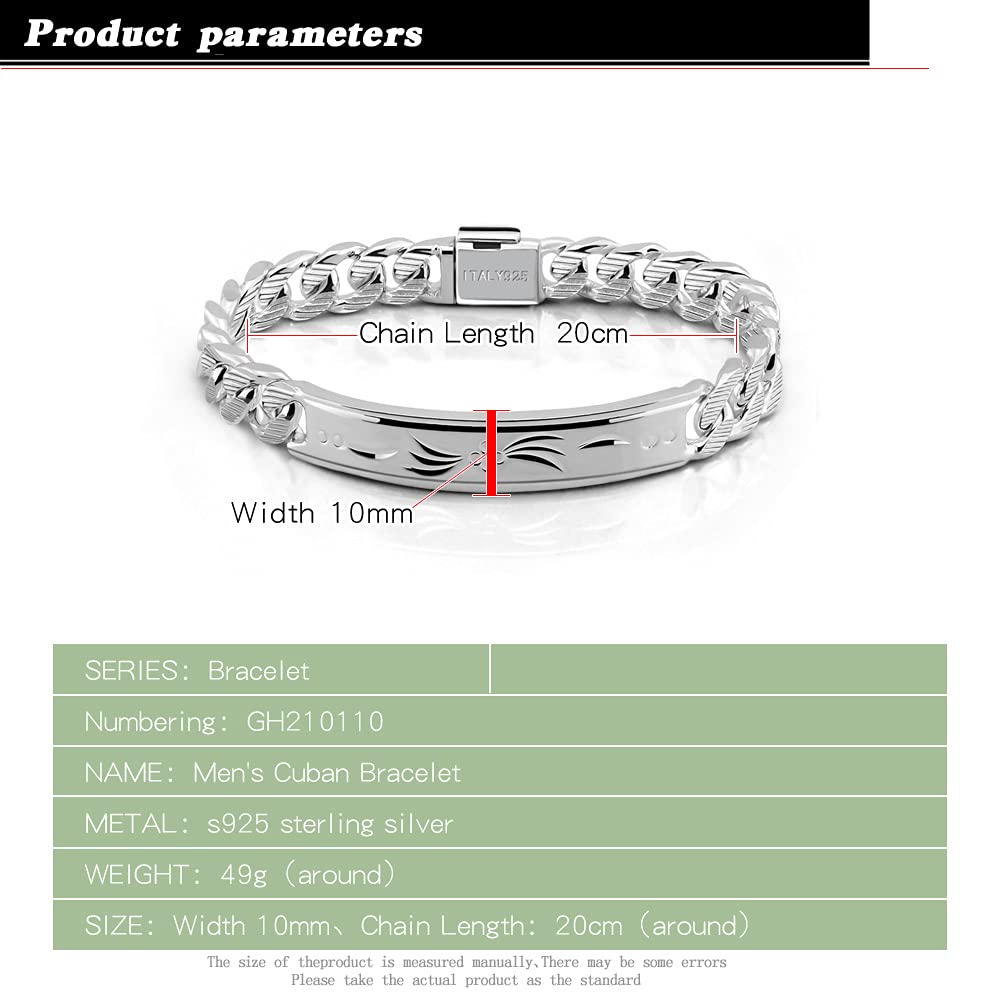 925 Sterling Silver Men's Bracelet - Classic Cuban Chain with Exquisite Totem Carving, 10mm Width, 7-10 Inches Adjustable (Italy Design) | Perfect Gift for Him, Ideal for Casual Wear, Date Nights & Special Occasions