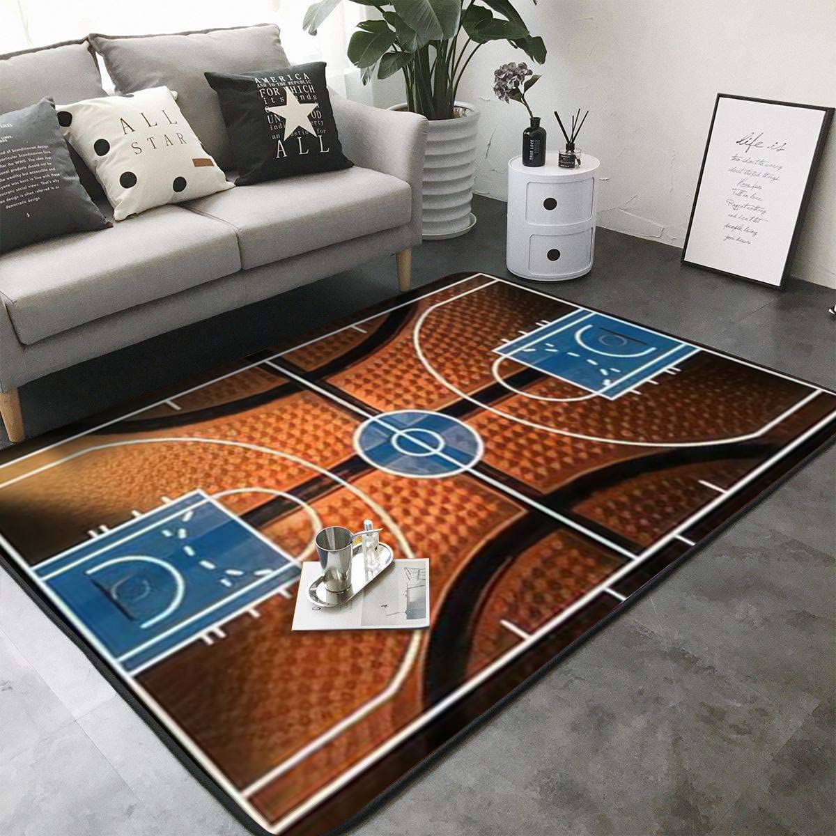 Black and Orange Basketball Court Area Rug - Non-Slip Game Room Mat for Boys Bedroom, Living Room Decor - Perfect for Sports Fans, Gamers & Modern Home Flooring