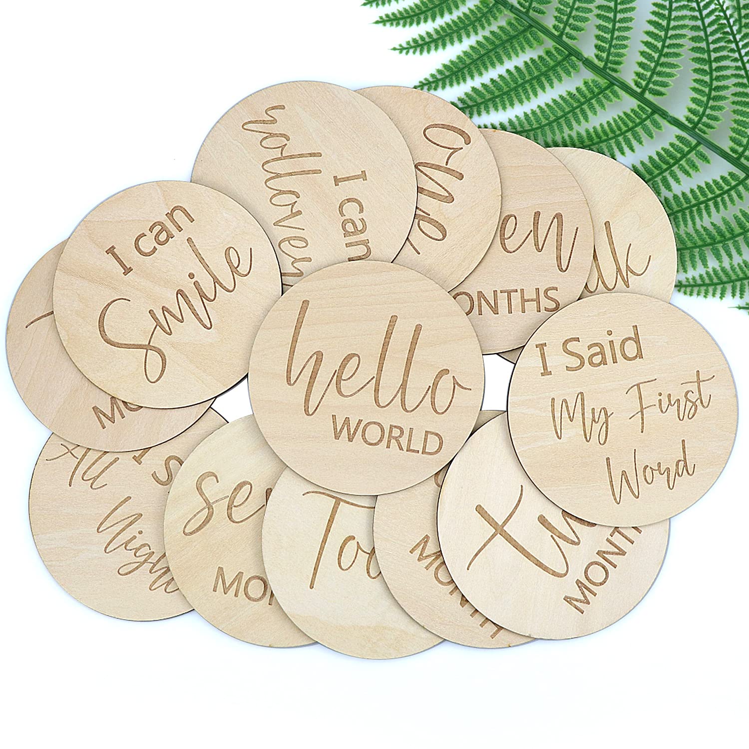 Wooden Baby Milestone Cards - Double Sided Engraved Monthly Photo Prop Discs for Newborns | Perfect Baby Shower Gift Set with Velvet Bag | Capture First Year Memories & Monthly Growth (Round Style 2)