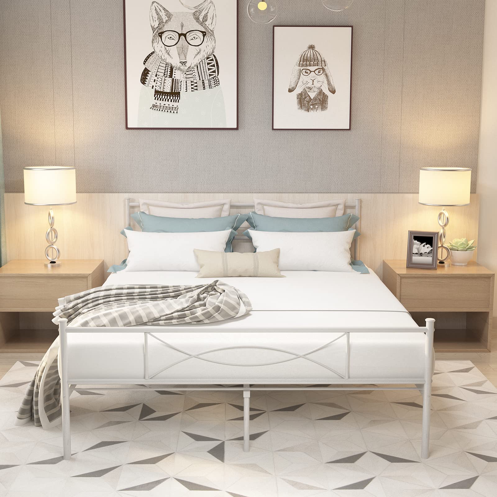 White Full Size Bed Frame with Headboard - Sturdy 10-Leg Metal Platform Foundation for Mattress Support | Ideal for Bedroom, Guest Room, Dorm & Box Spring Replacement